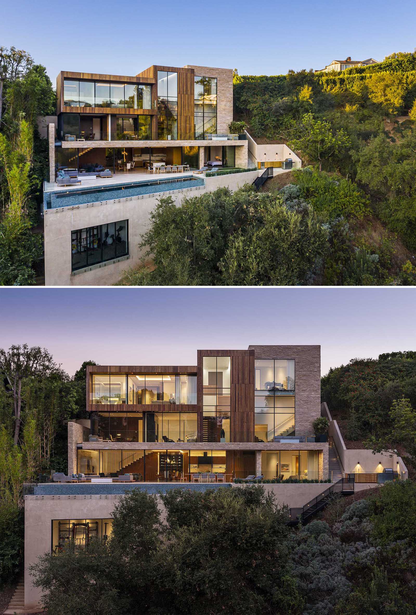 The large patio of this modern home includes an outdoor lounge, a dining area, a pair of day beds, an outdoor kitchen with a bbq, and a swimming pool.