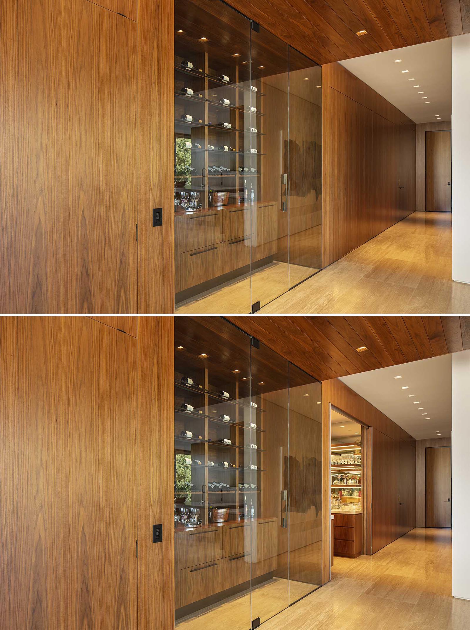 A modern home with a built-in wine room.