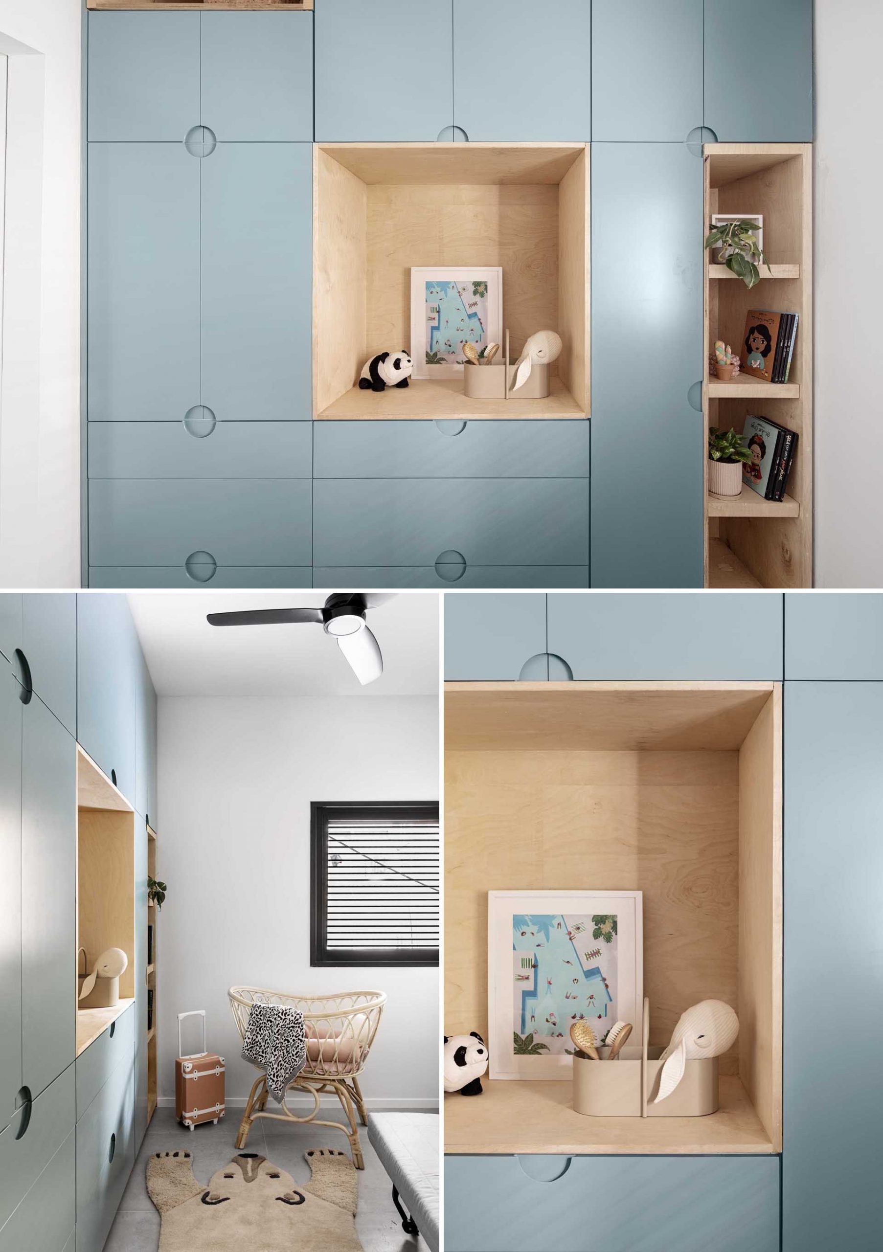 In this modern nursery, pale blue custom cabinets line the wall and are accented by open plywood shelves.