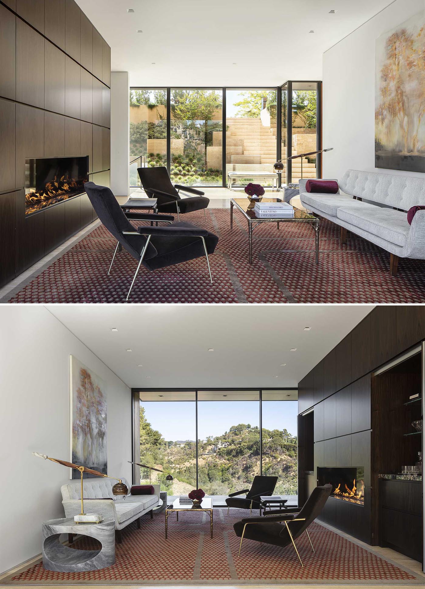 A modern reception room with a fireplace, and views of the terrace garden and canyon.