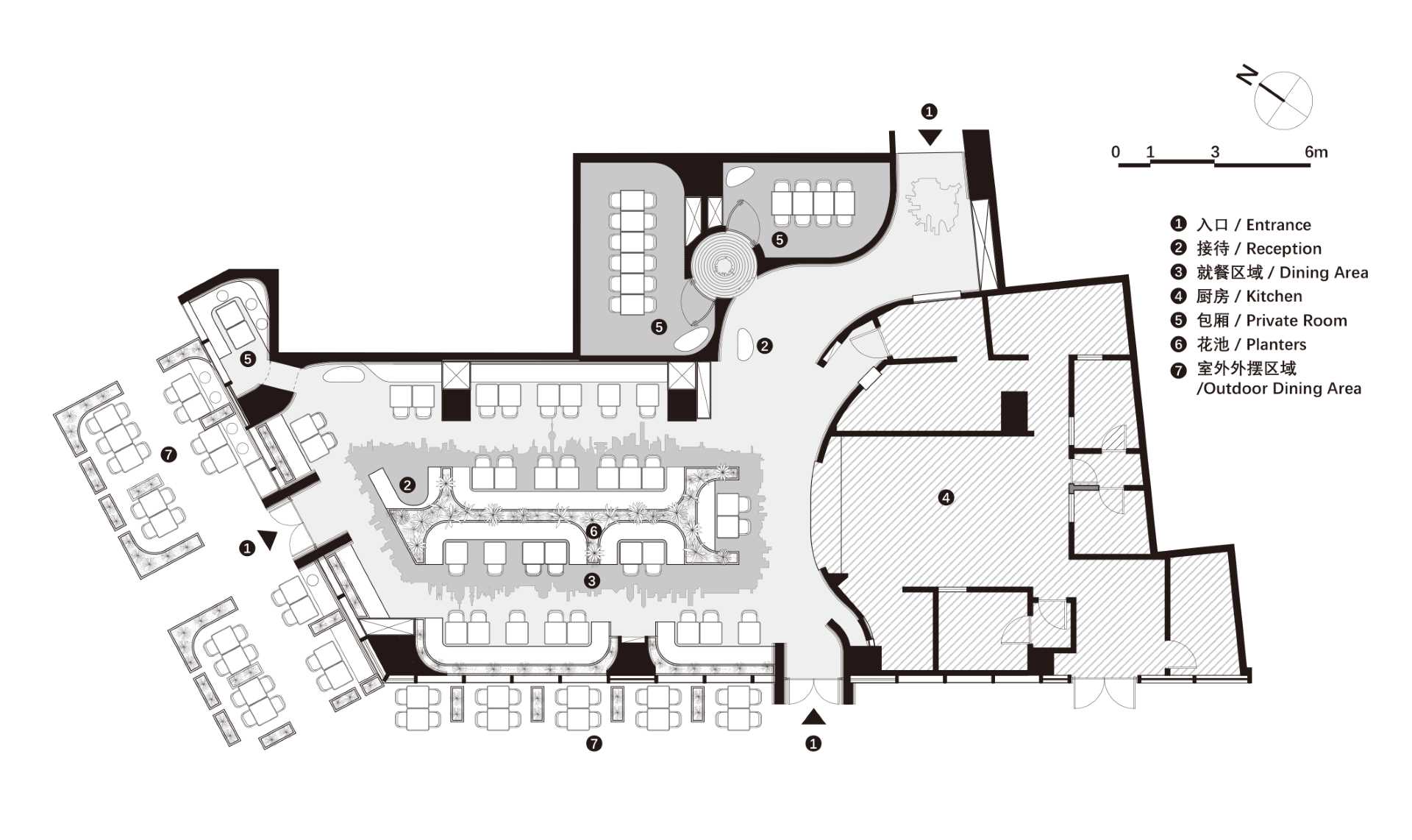 The floor plan of a modern restaurant.
