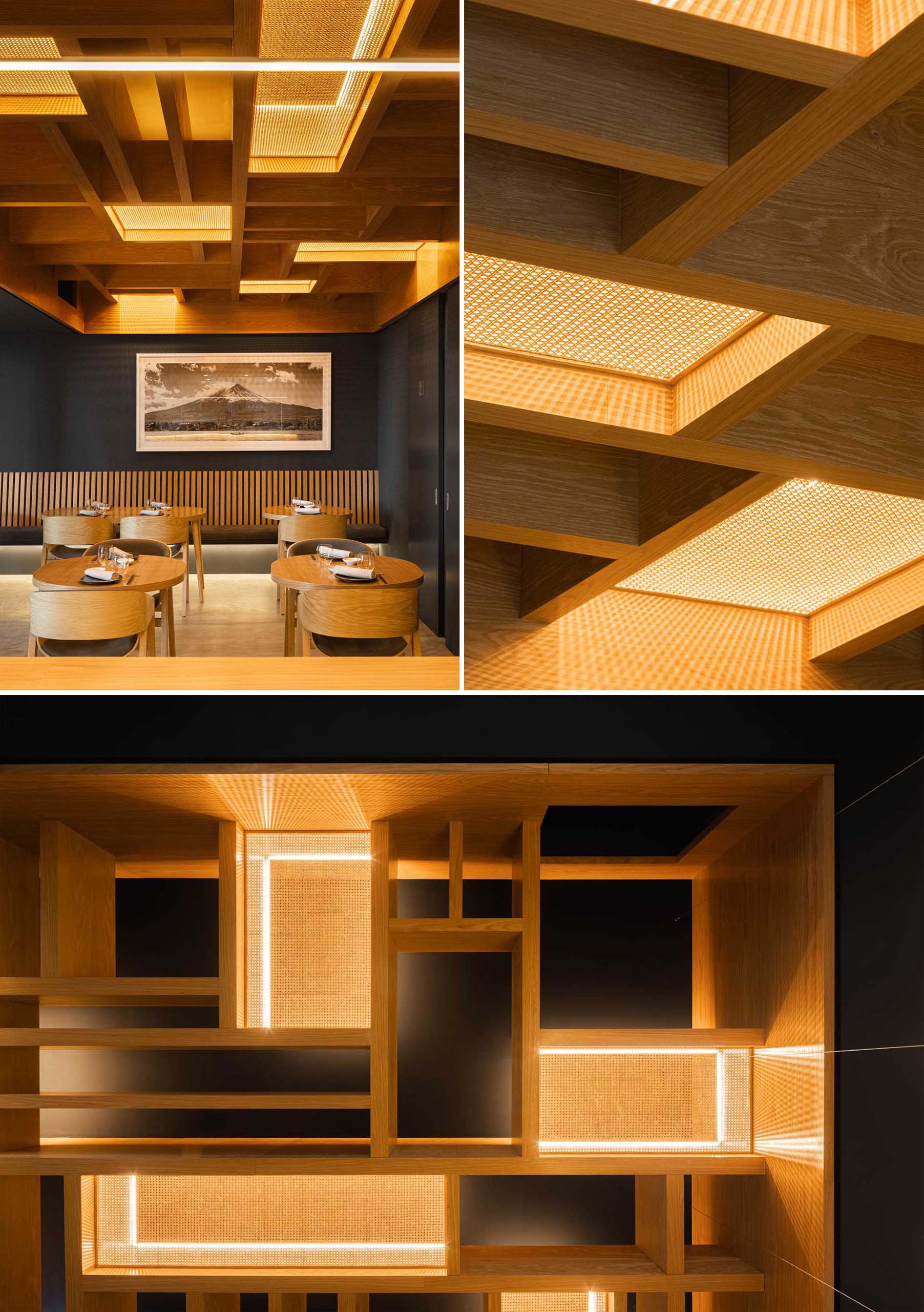A modern restaurant ceiling has a grid design with straw panels and hidden LED lighting.