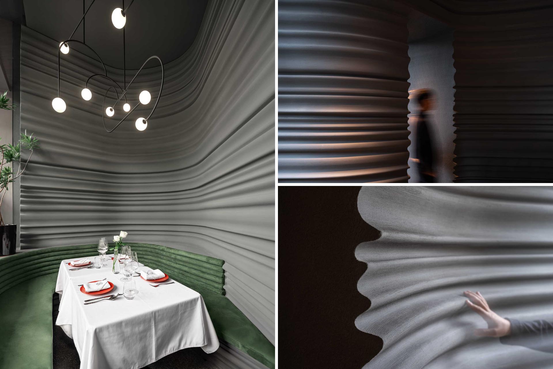 A modern restaurant with walls inspired by marble sculptures and painting brushstrokes.
