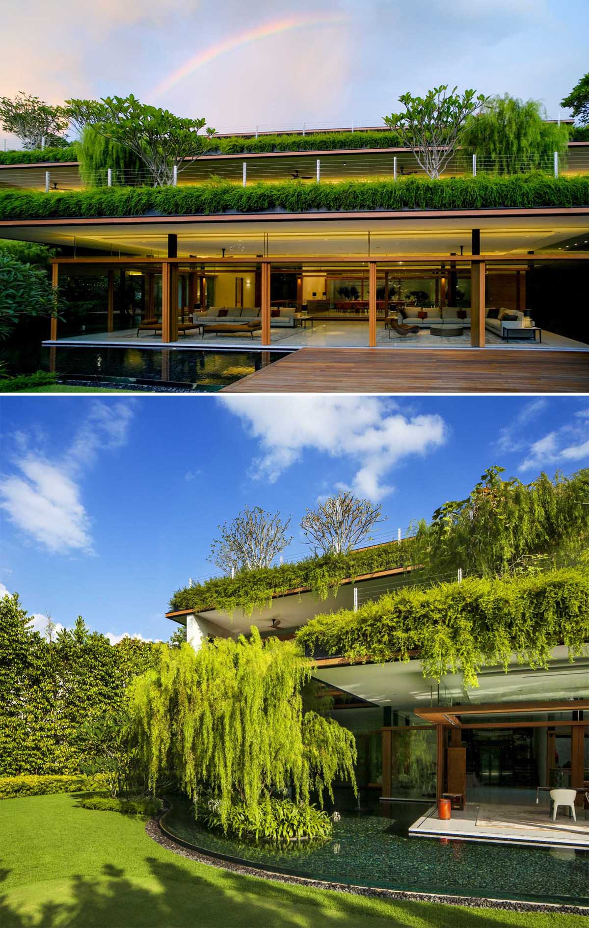 This modern home, which has multiple levels, includes lush gardens that flow over the edges of the roofs.