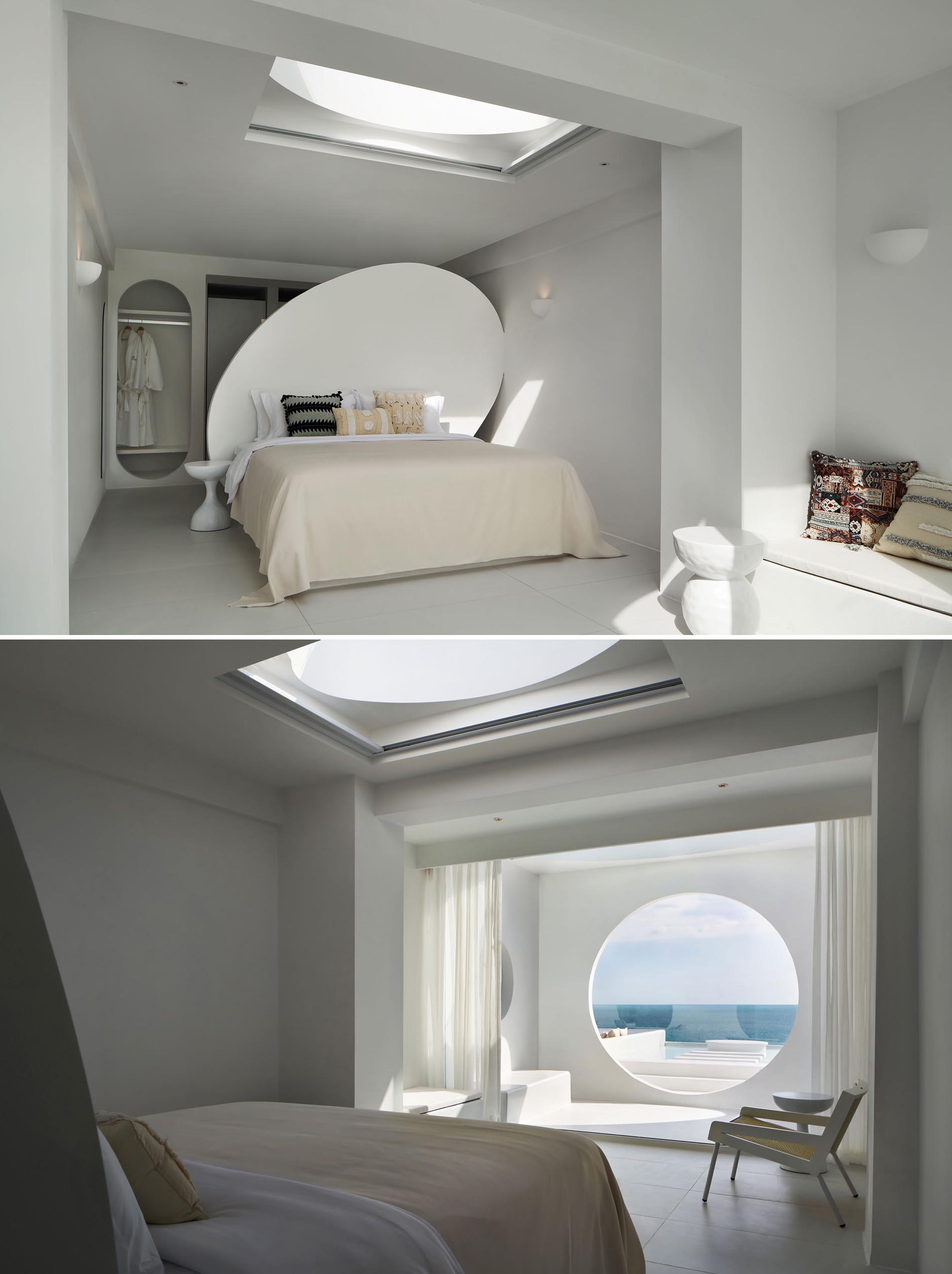 A modern hotel room with circular accents.
