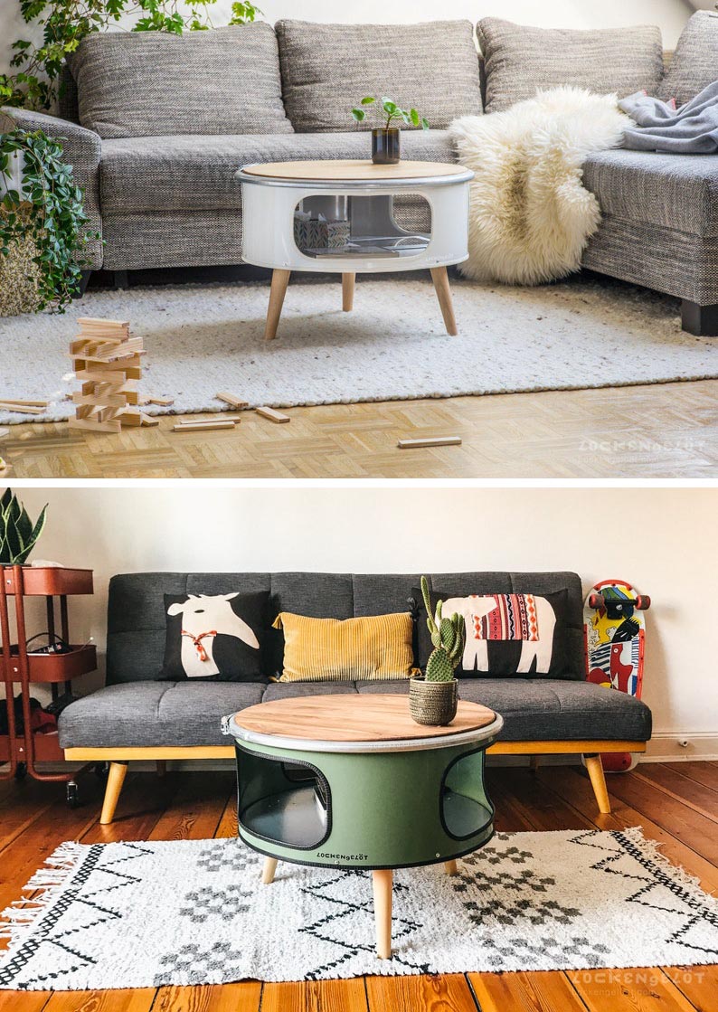 Small coffee tables made from oil drums.
