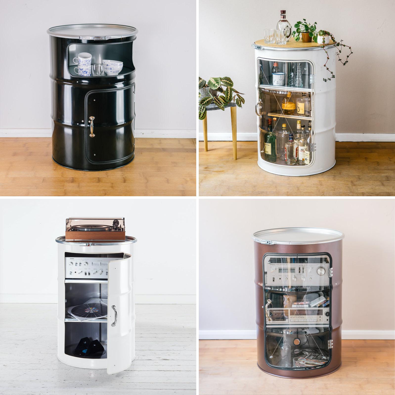 A modern storage cabinet made from an oil barrel.