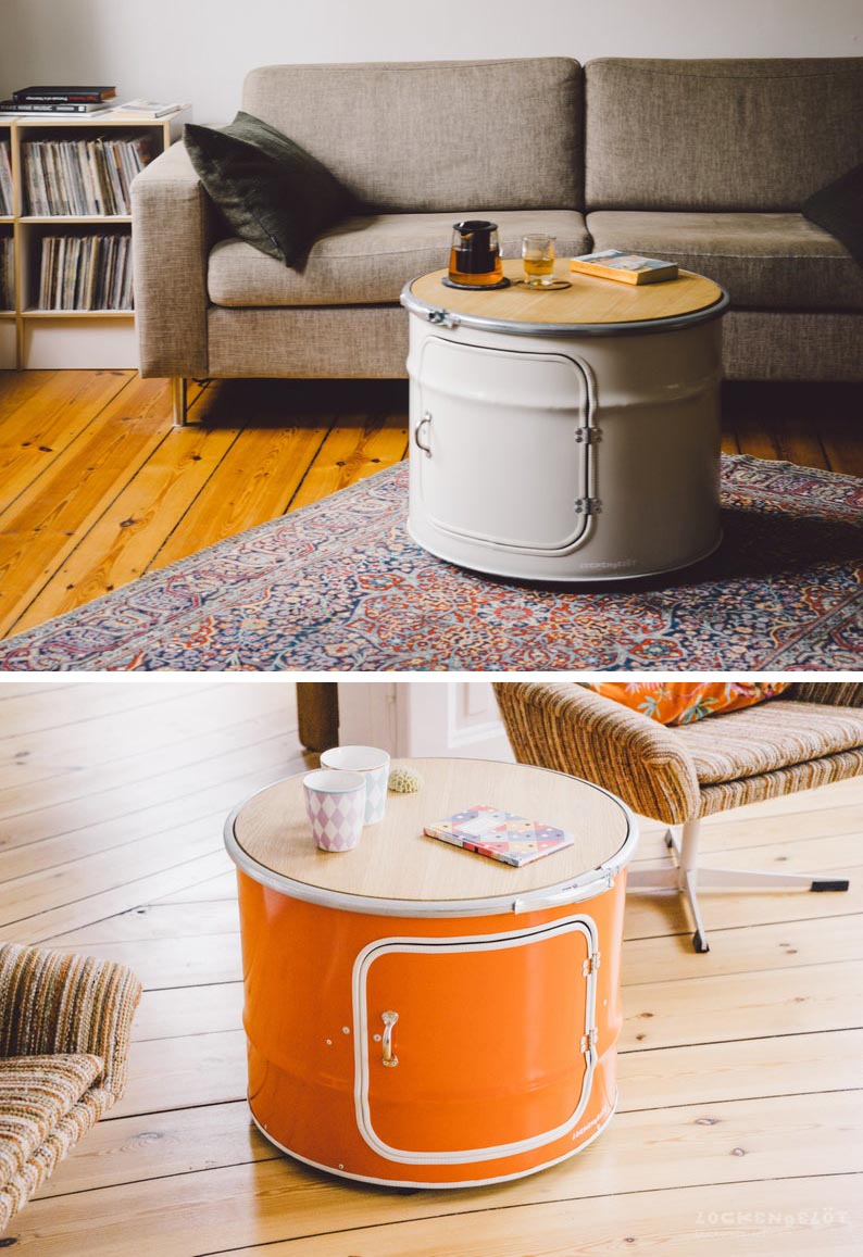 Small coffee tables made from oil drums.