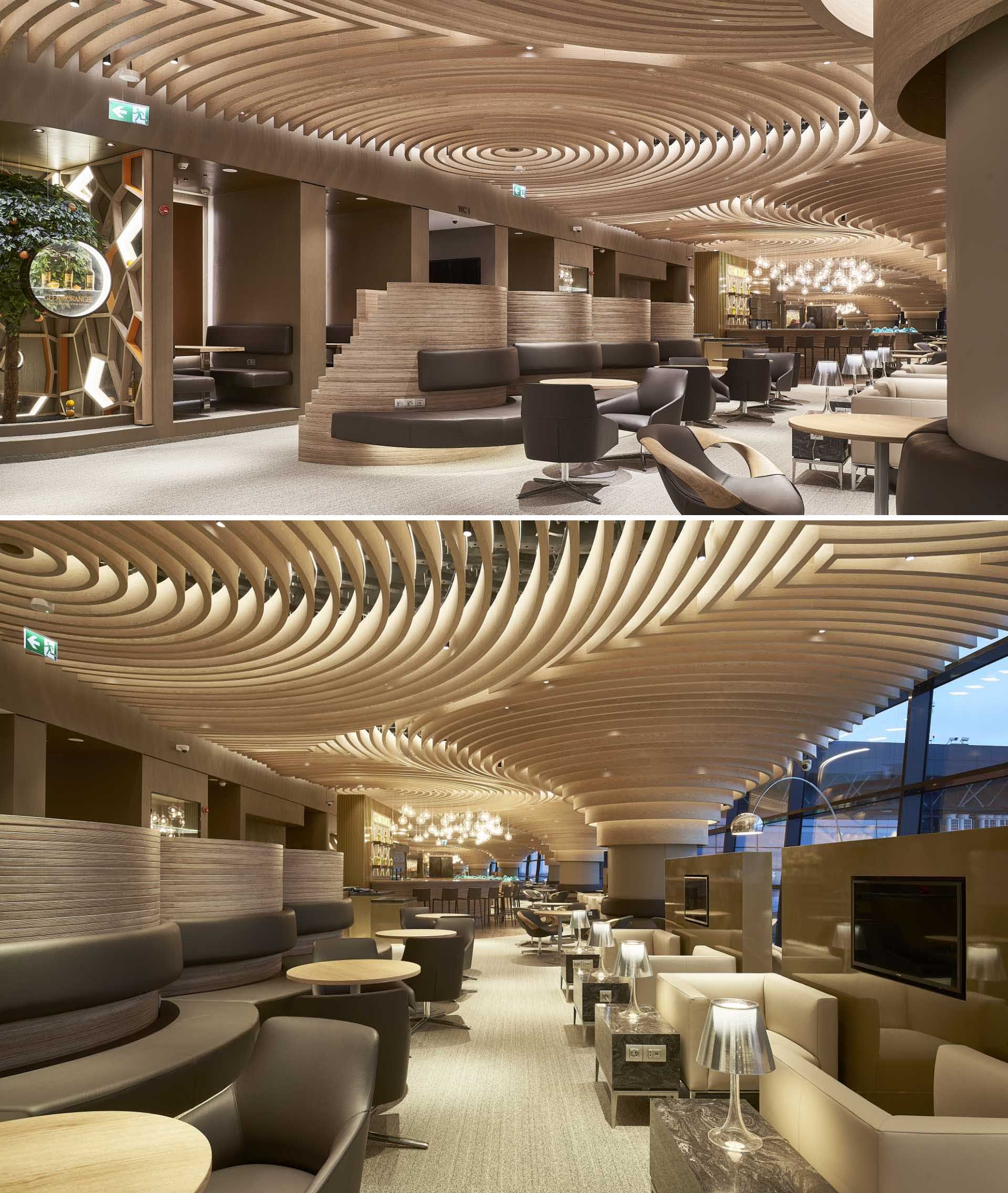 A modern airport lounge with a  sculptural wood ceiling that covers the entire space, spreading over various seating areas. 