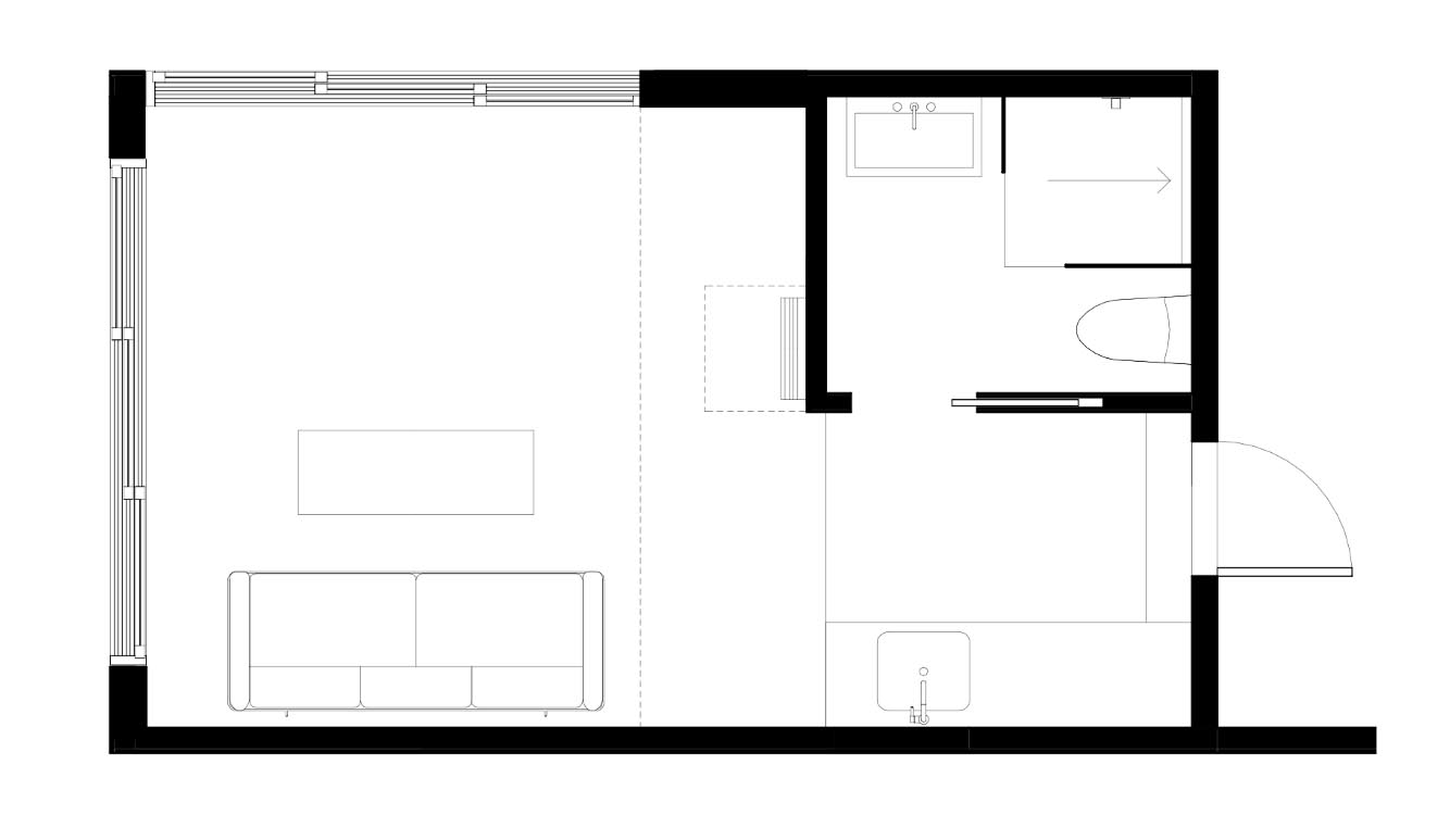 The floor plan of a converted garage.