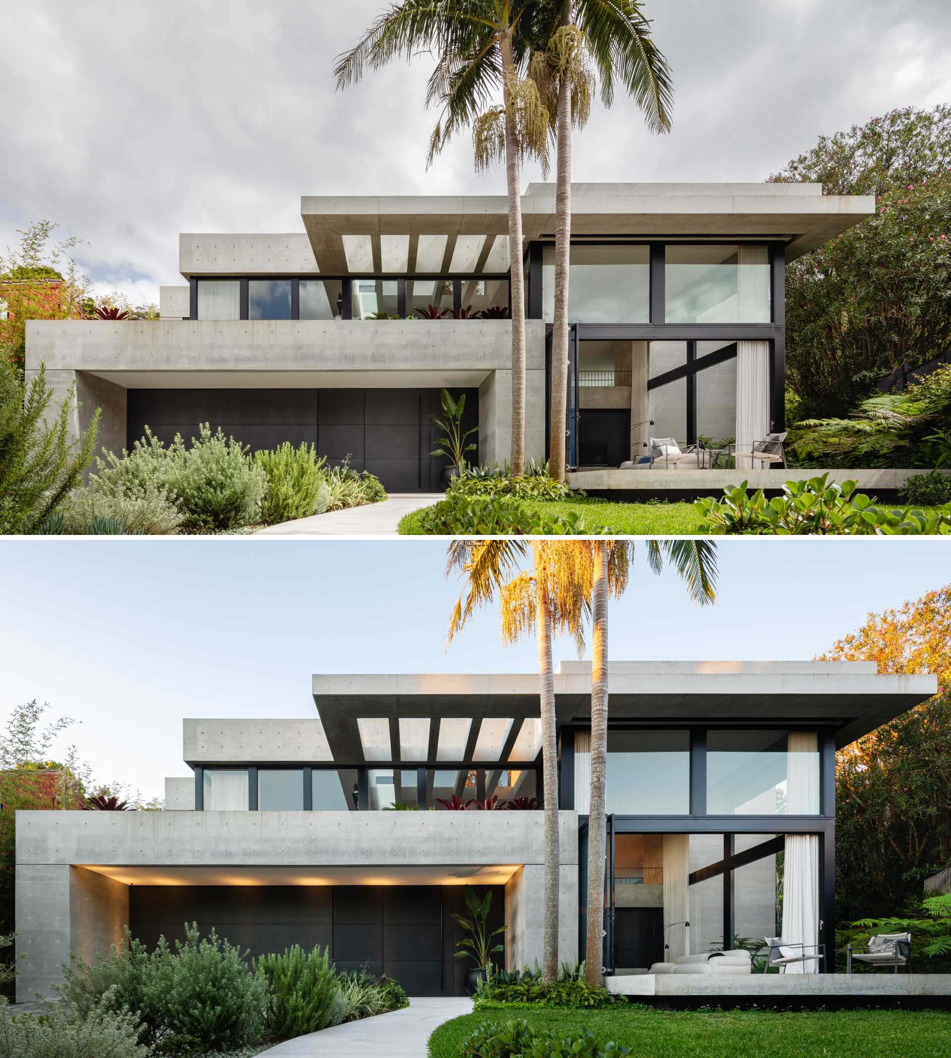 This modern home was designed around the two native Bangalow palms in the front garden, where a large flat landscaped area was created at the front of the house, defined by the level of the palm roots.