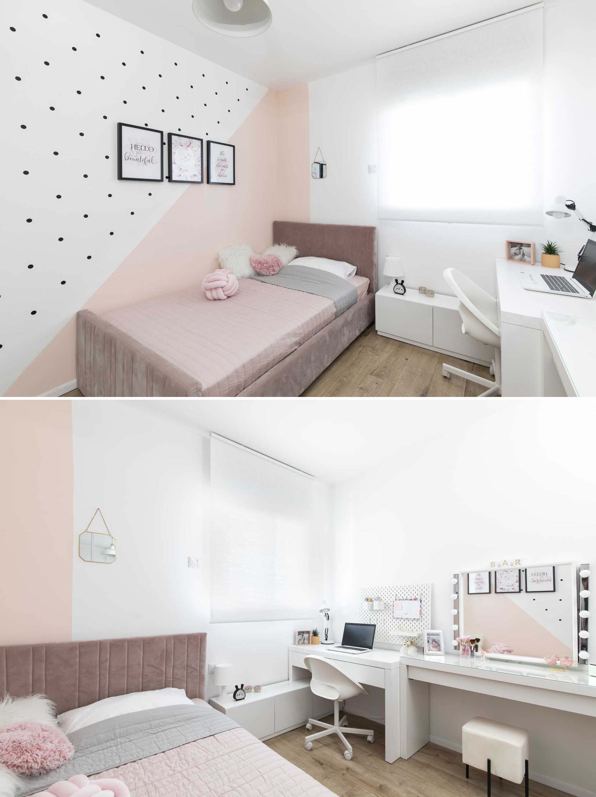 In this teenage girl's bedroom, her wishes were granted, a large bed, a place to study, a makeup table and a wardrobe, while the use of paint, stickers, and art created elegant design on the wall.
