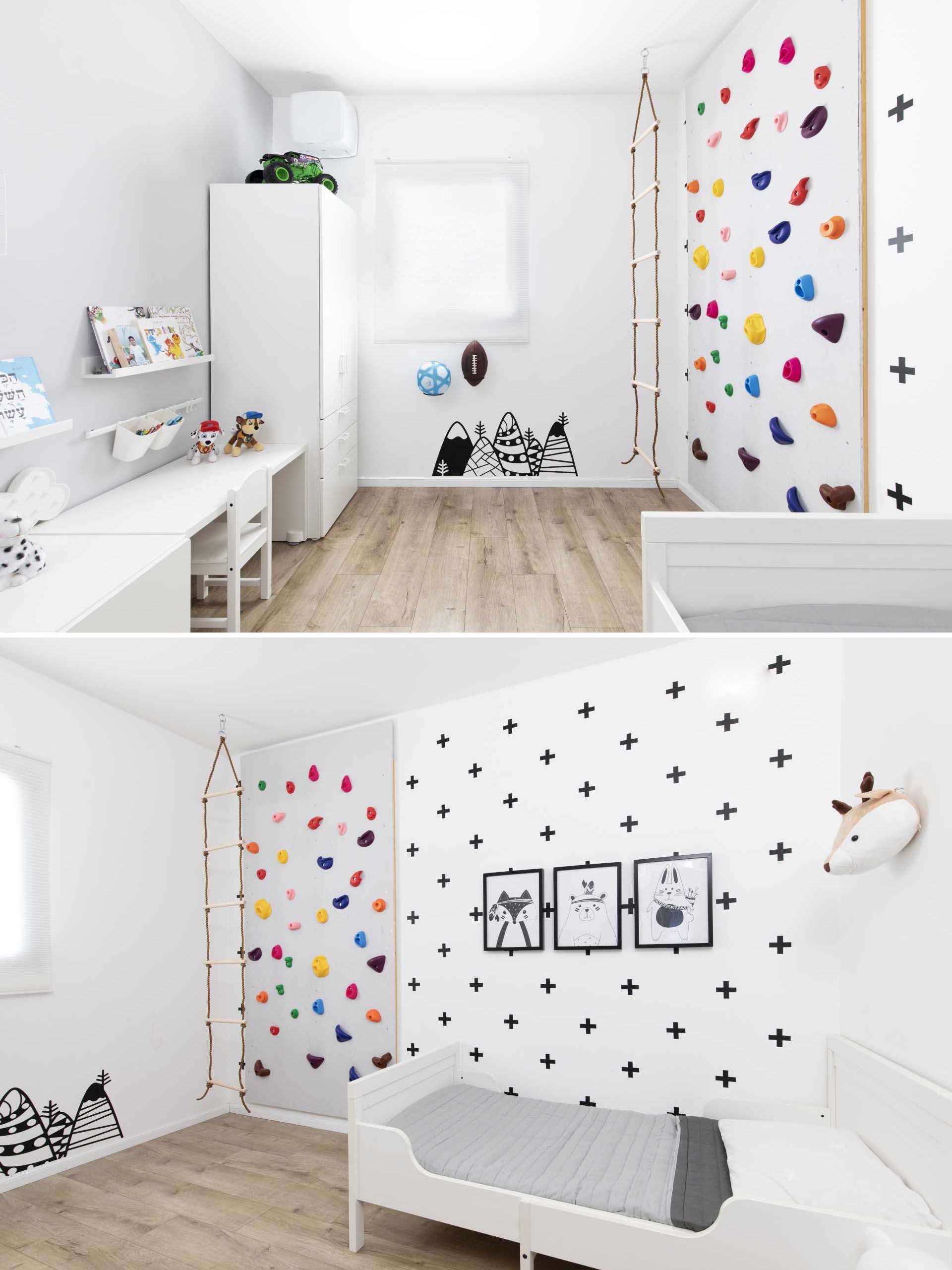 In this modern bedroom for a young boy, the designers created a climbing wall, added a rope ladder, and included stickers to add a Nordic touch.