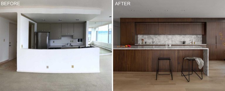 Before & After - An Apartment Kitchen Remodeled With Dark Stained Oak Cabinets And Honed Marble Countertops