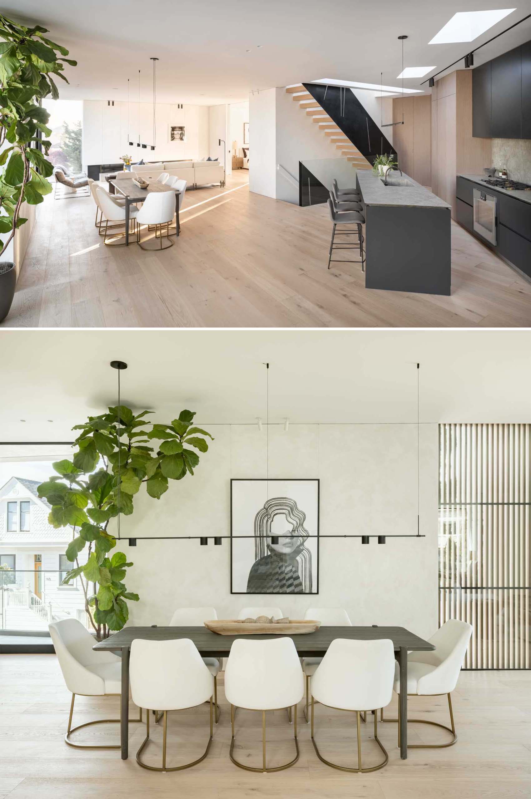 The walls throughout the home, like in this open plan dining area, have been finished with a pale lime wash.