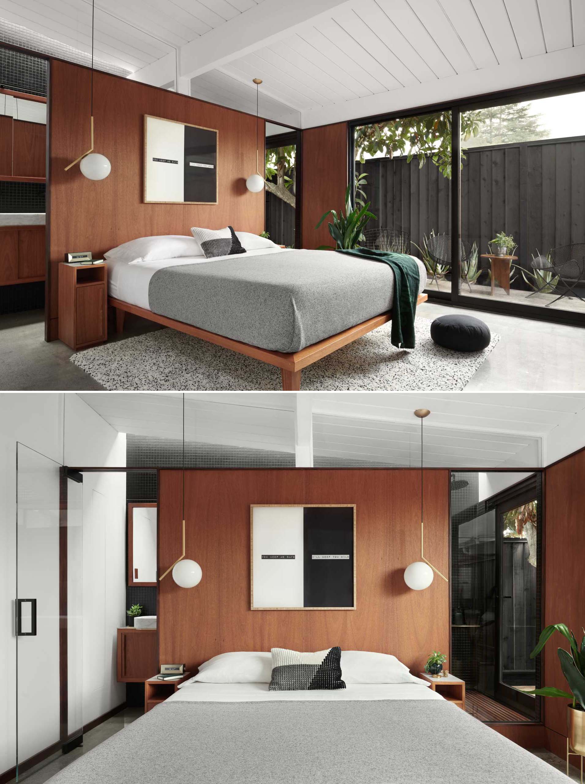 A modern mid-century modern inspired bedroom with a narrow ensuite bathroom.