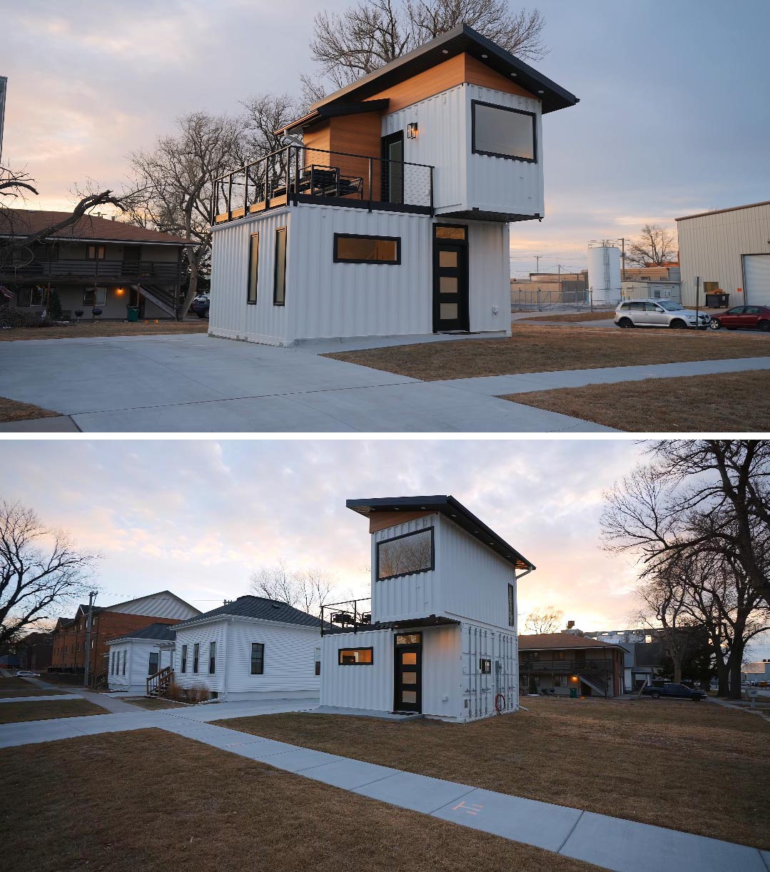 A modern 2-level tiny house made from three shipping containers.