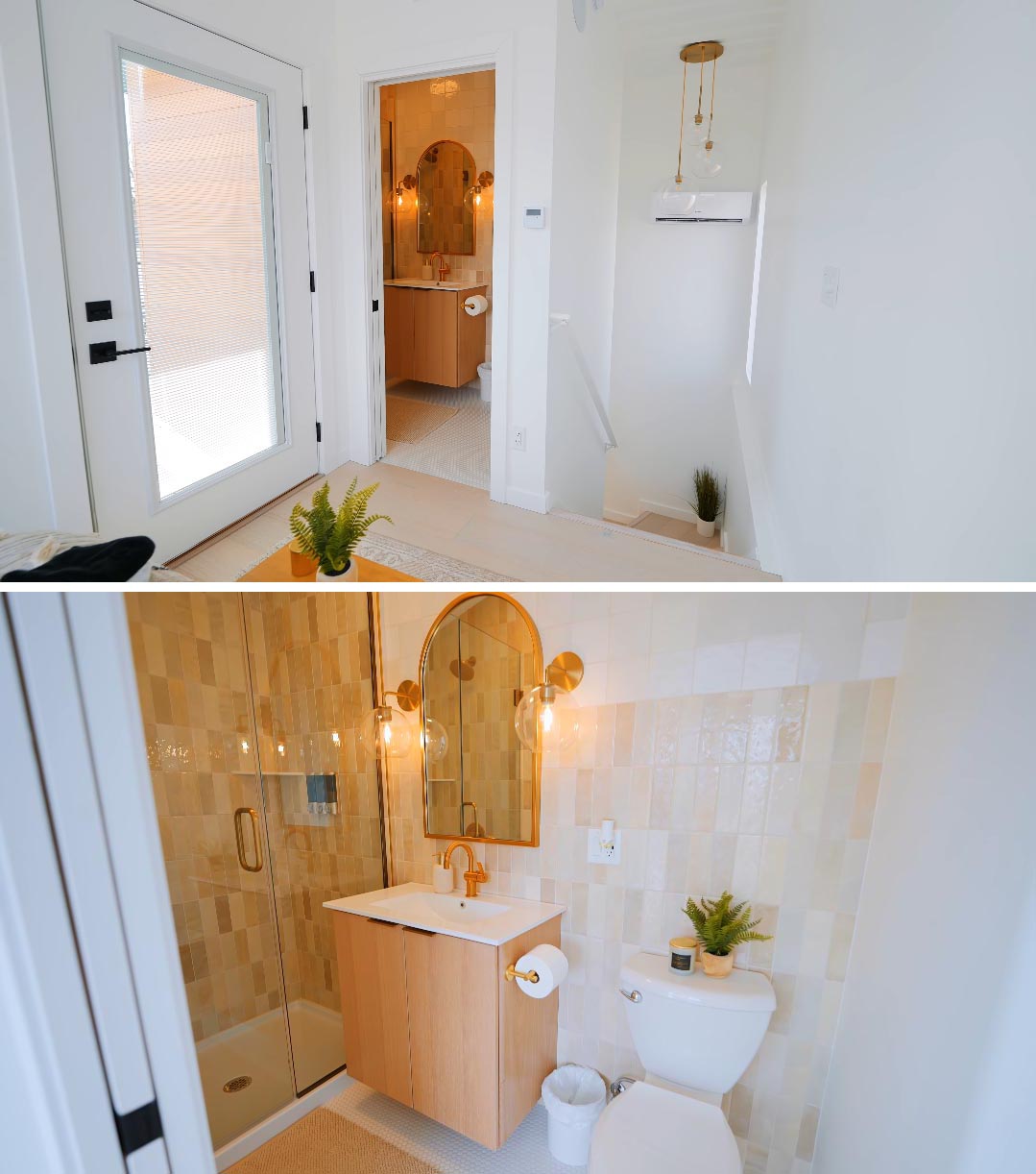 The design of this tiny house bathroom echoes the kitchen, with gold accents, white countertop, wood vanity, and light colored tiles.