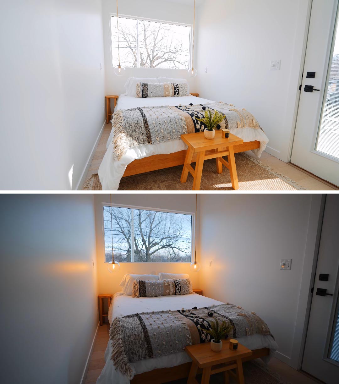 In this tiny house bedroom, large picture window provides views of the neighbourhood, while at the same, it's at a height that allows for privacy in the bedroom.
