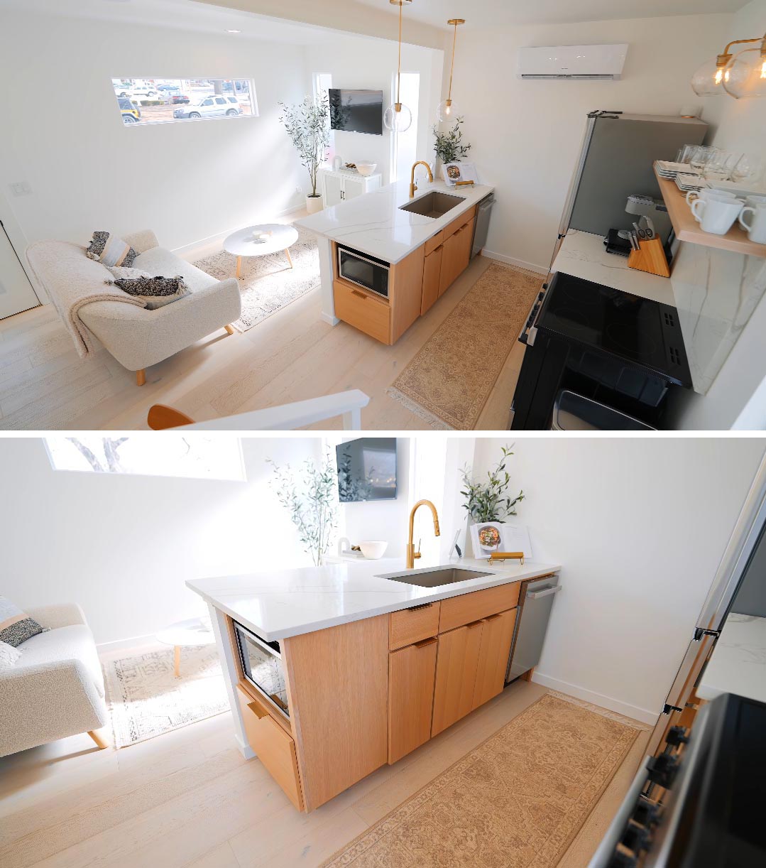 The kitchen in this modern tiny hosue made from shipping containers, includes Quartz countertops and backsplash, gold accents, wood cabinets, and a couple of bar stools.