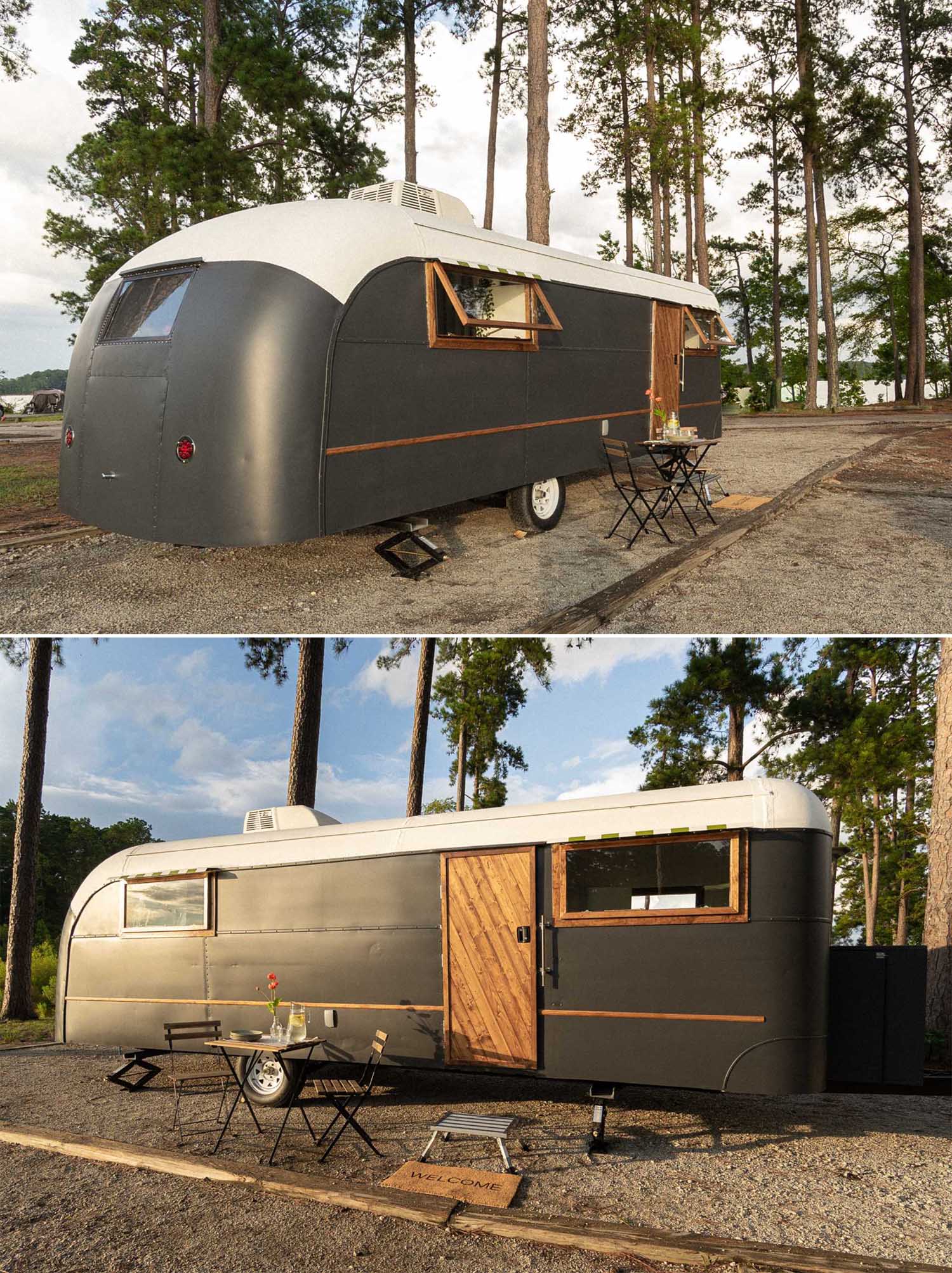 This remodeled vintage 1948 Vagabond 23 travel trailer includes a matte black exterior, living room, kitchen, bedroom, and bathroom.