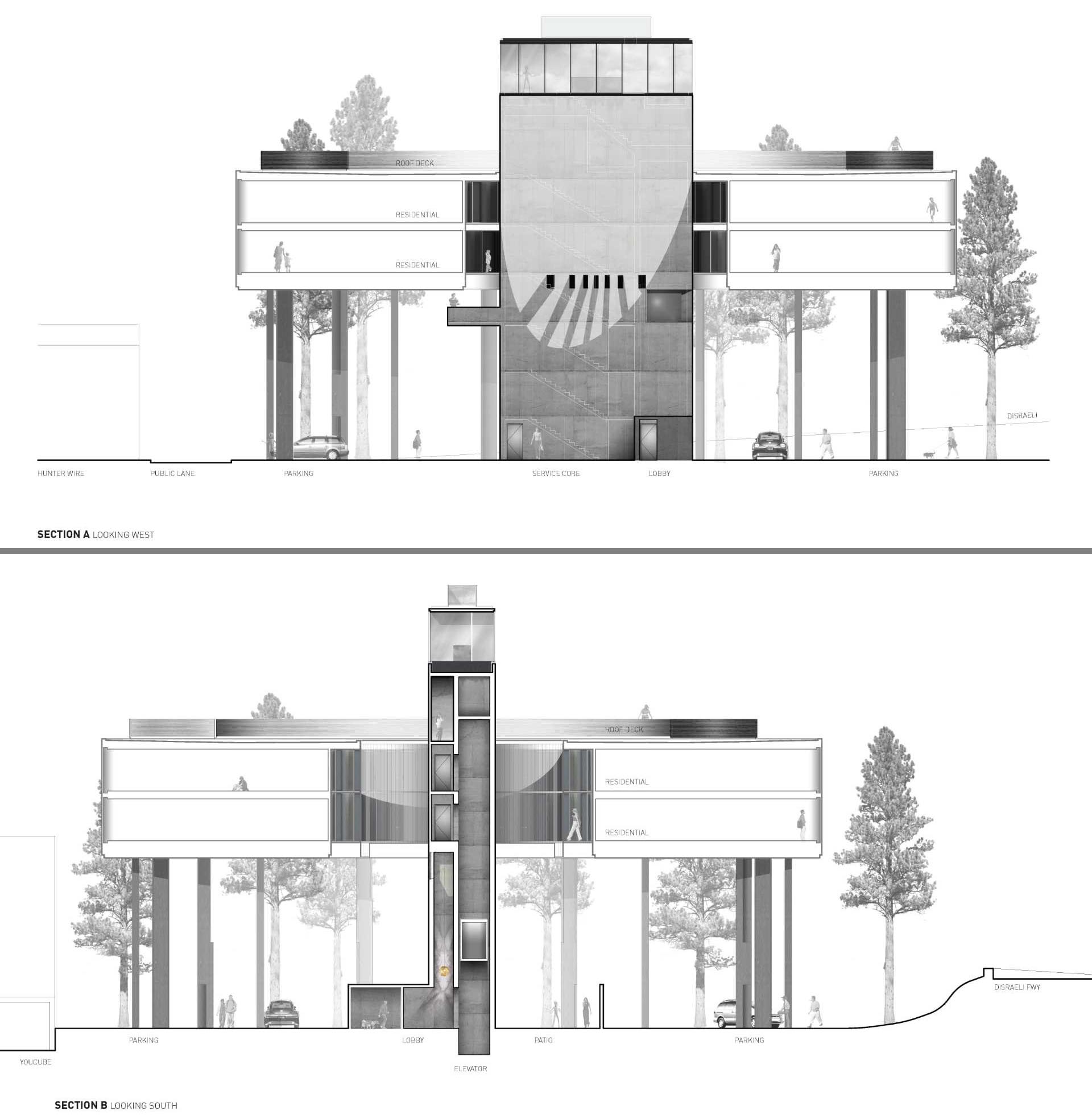 Architectural drawings of a raised round apartment building.