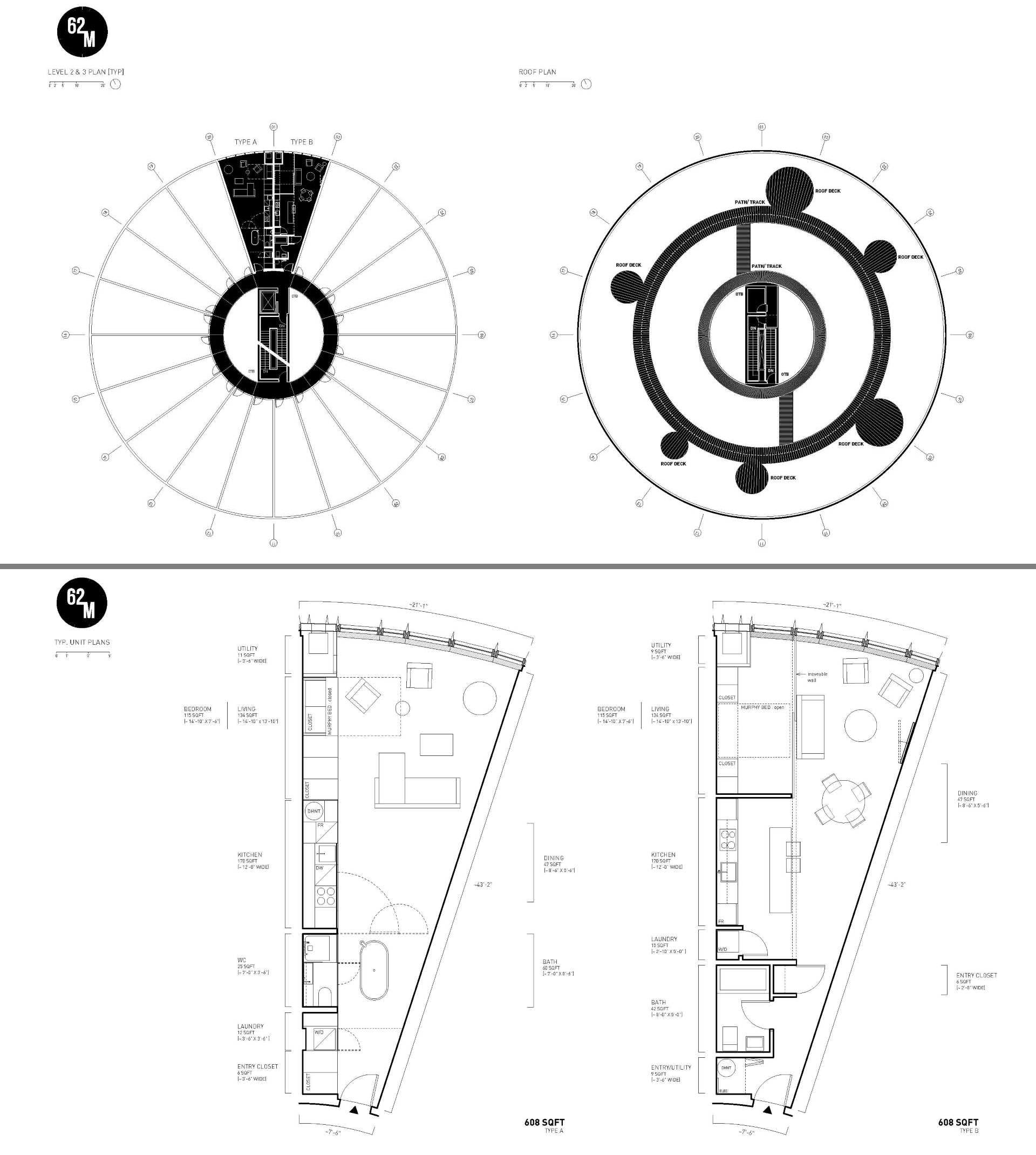 Floor plans of wedge-shaped apartments.