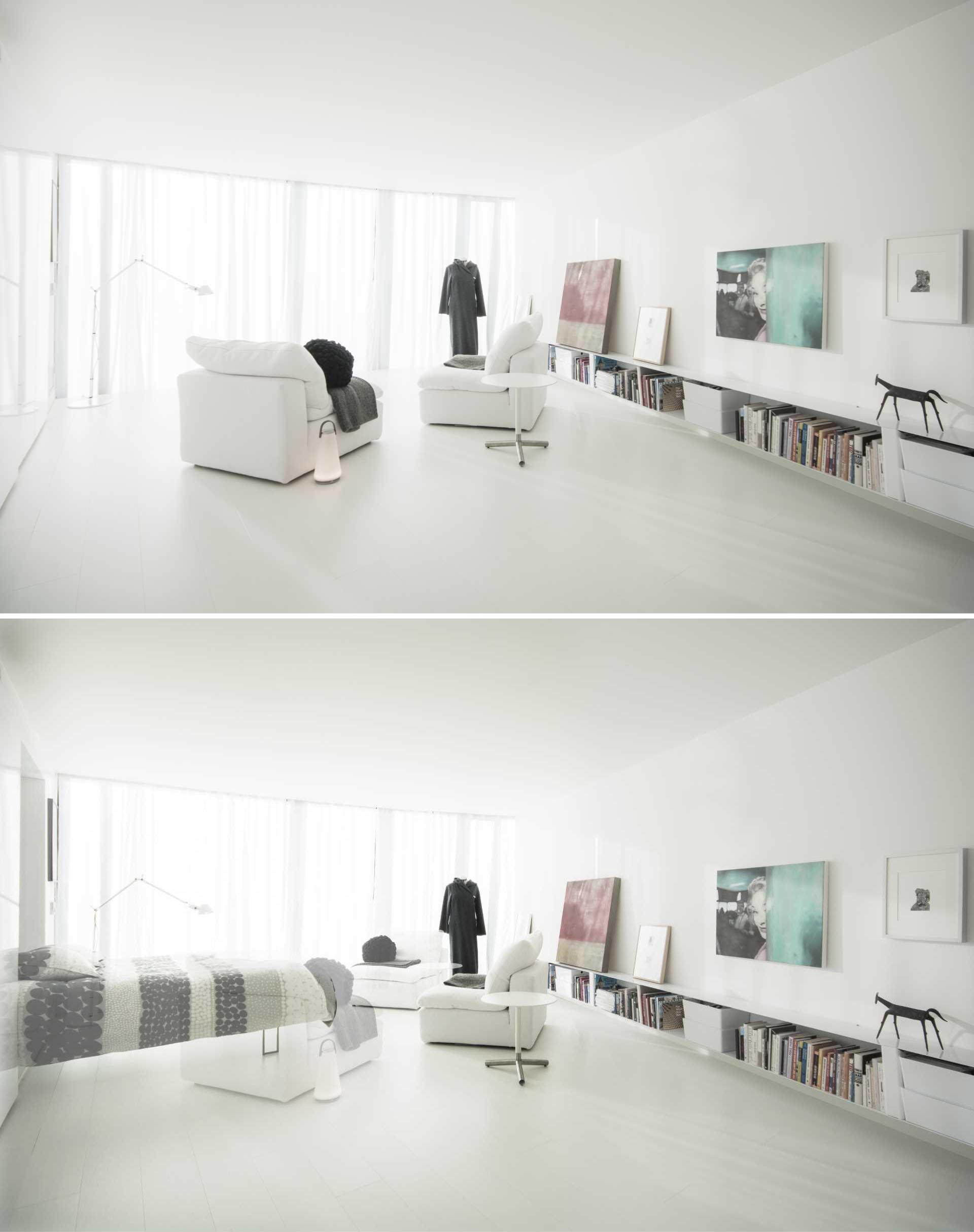 A wedge-shaped apartment with a white interior and floor-to-ceiling windows.