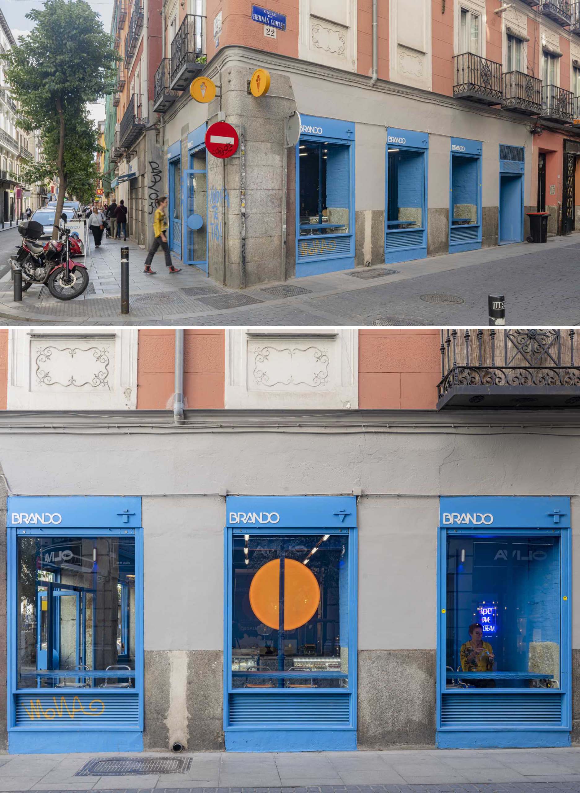 A modern ice cream shop with blue window frames that match the interior.