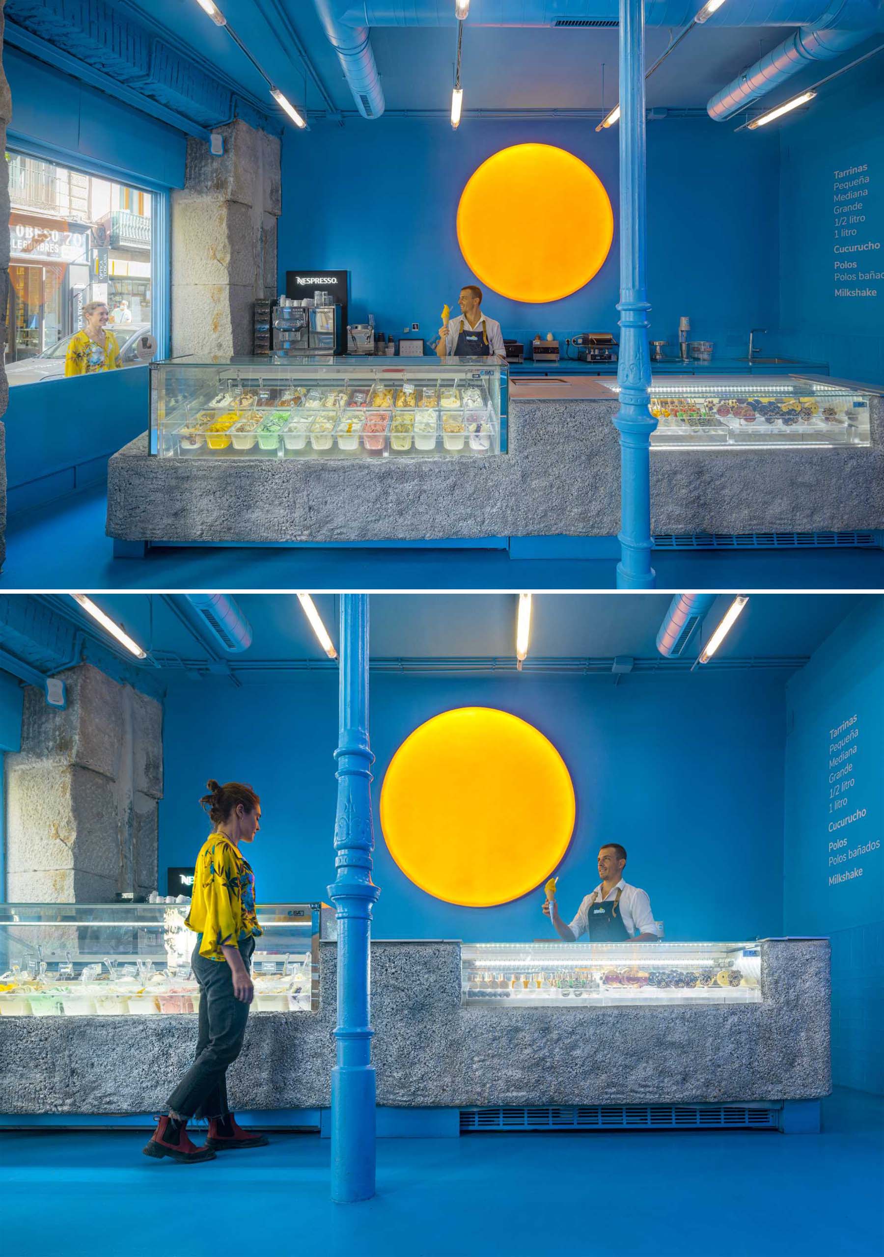 This modern ice cream shop has one side of the store dedicated to the counter and display case that shows the ice creams on offer. The display case has a contrasting concrete base.