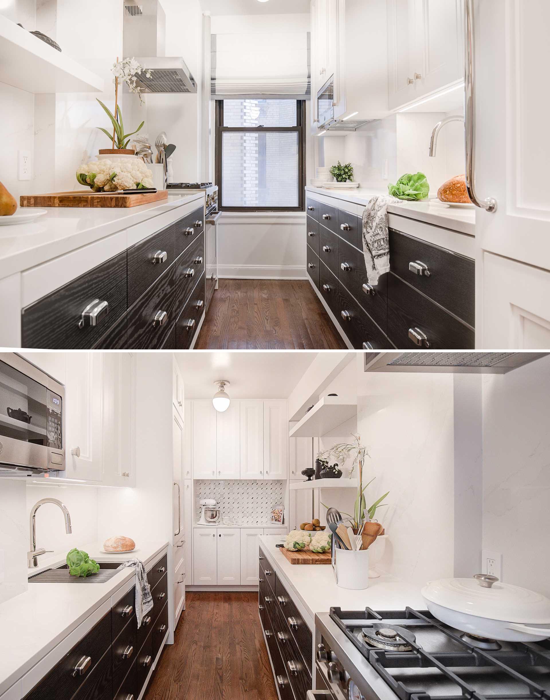 Under cabinet lighting and the new white upper cabinets and countertops, help to keep this small kitchen bright and make it feel more open.