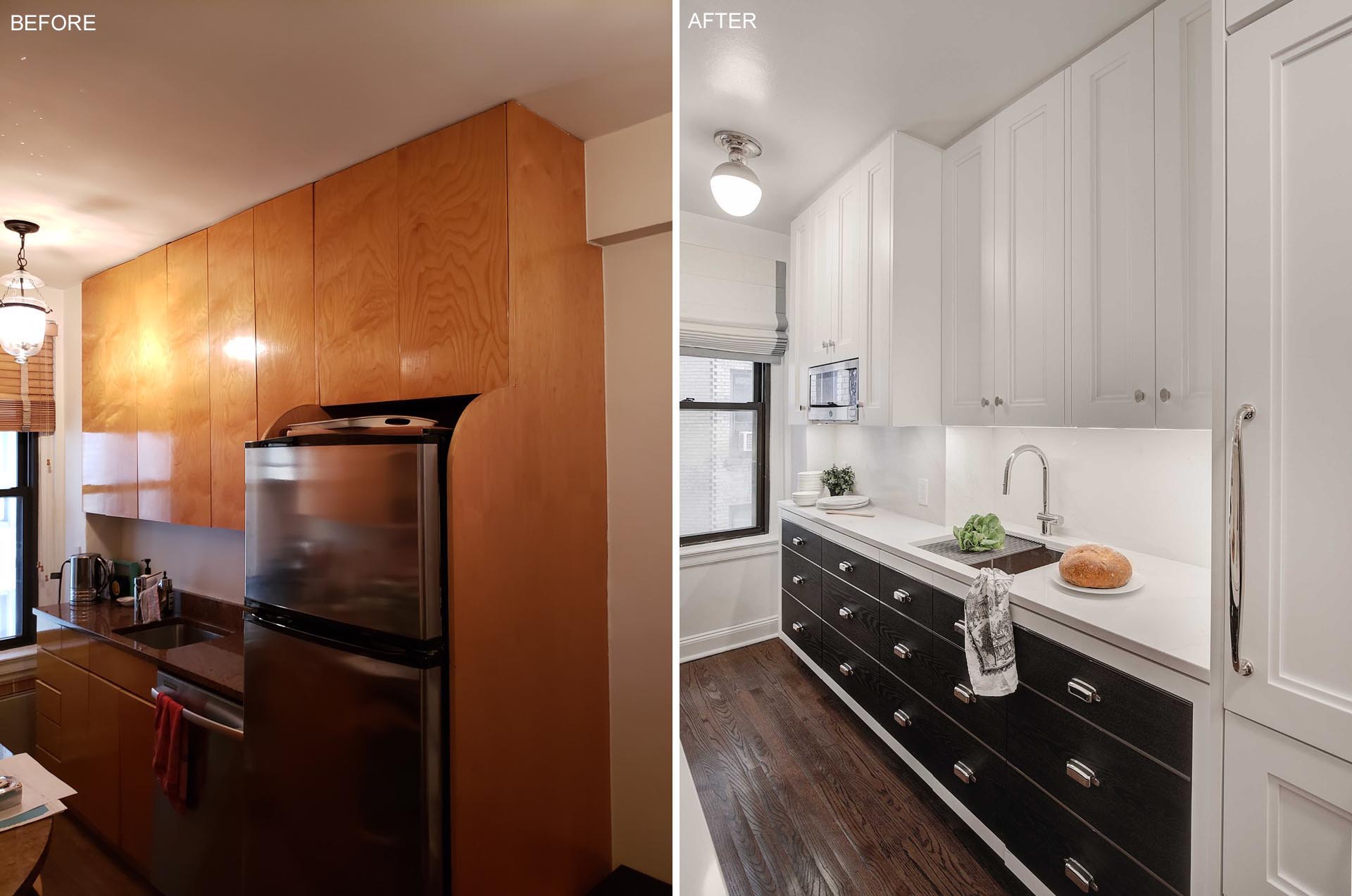 The contemporary remodel of a small and dated kitchen.