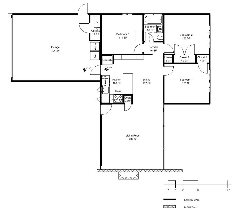 The floor plan of a three bedroom Eichler house.