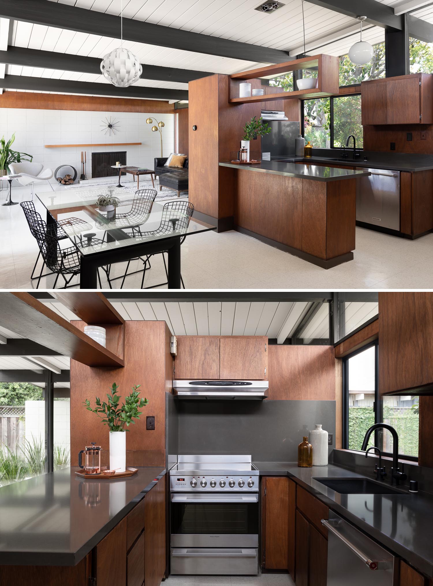 An updated Eichler home includes the kichen, where the wood was restored and a simple dark grey countertop installed with black fixtures that make the wood pop.