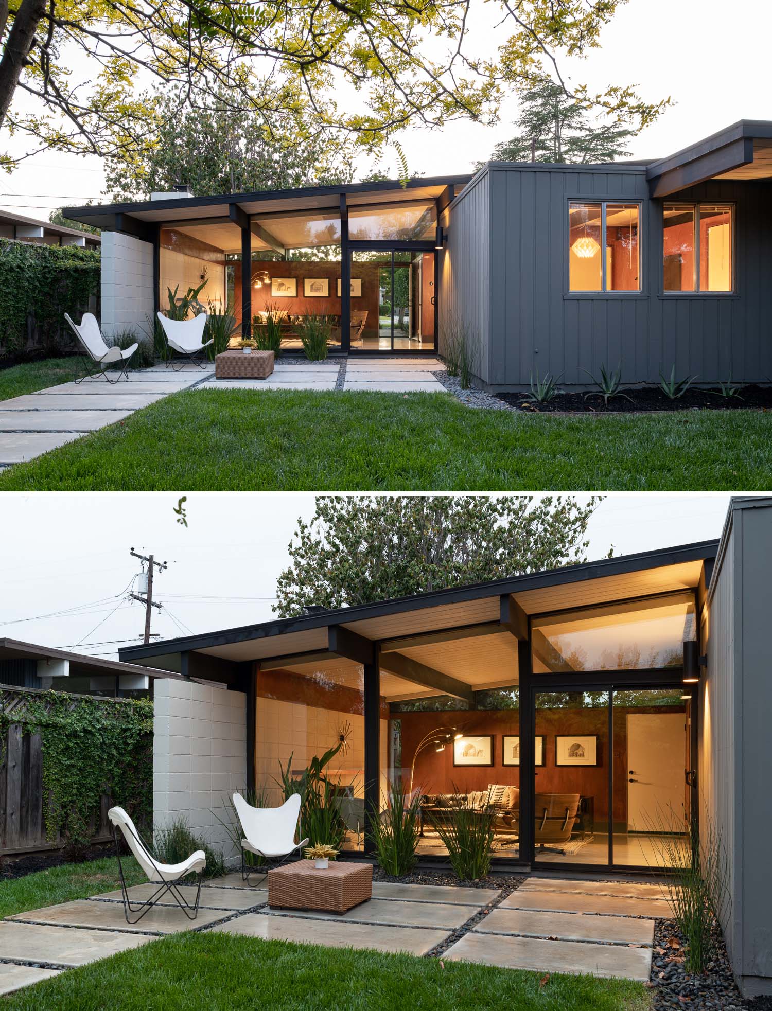 The new patio of this Eichler home has a modern look that shows off the windows and interior inside. 