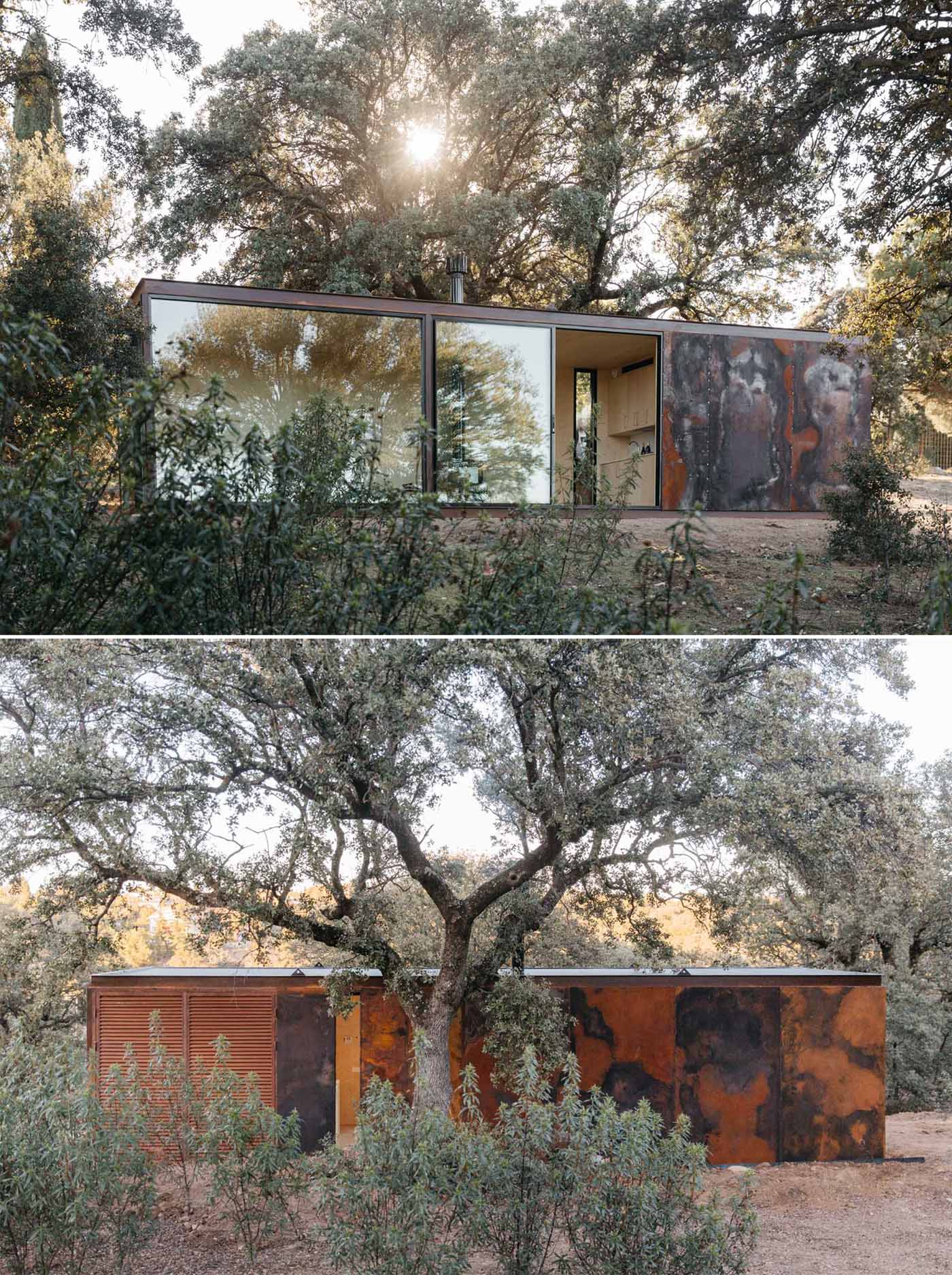 Positioned under a large Holm Oak tree, this modern tiny house has a semi-oxidized weathering steel facade that allows it to blend into its surroundings.