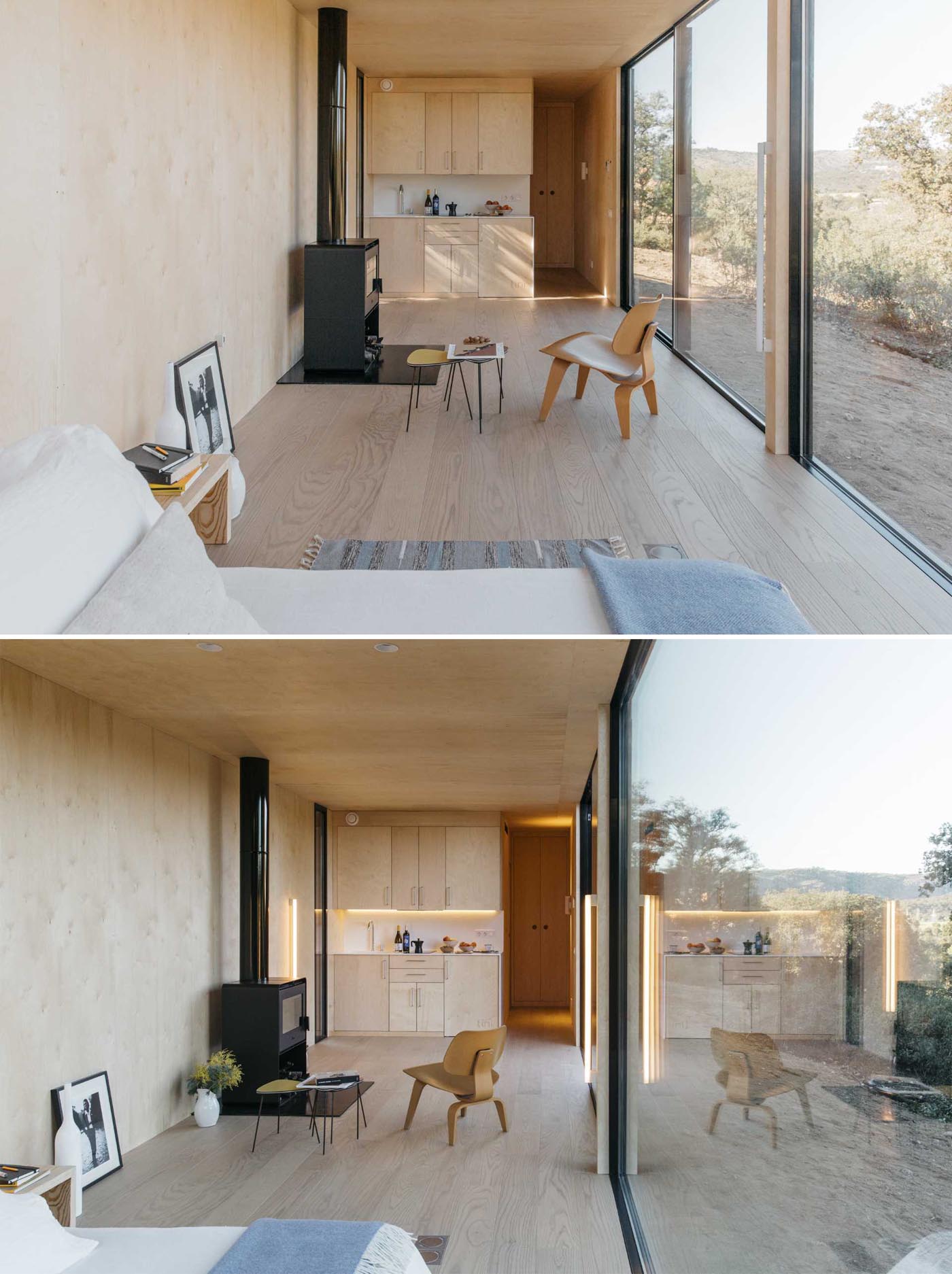 This modern tiny house has a birch wood kitchen with Corian countertop and sink, a stove top, extractor hood, and integrated fridge.