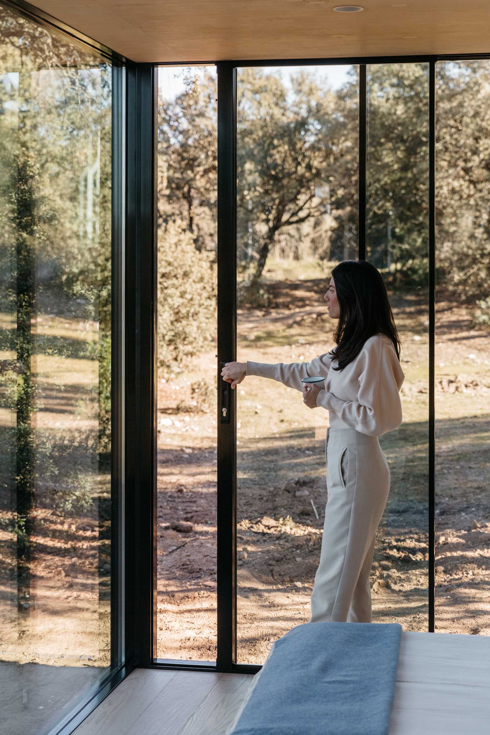 A modern tiny house with walls of windows and a sliding glass door.