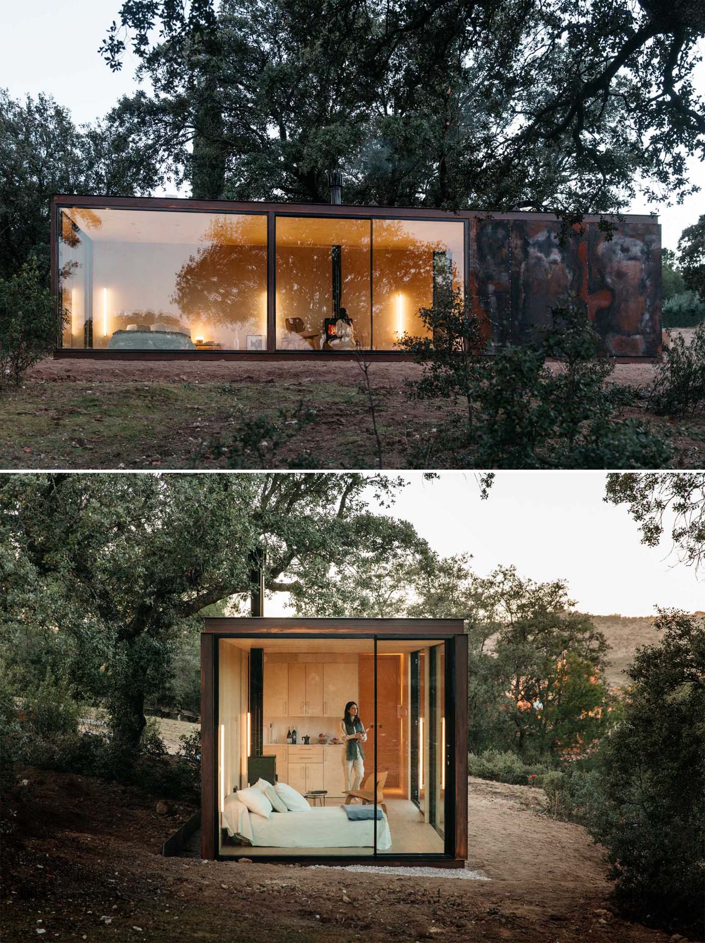 The rough weathered steel exterior of this modern tiny house contrasts with the warmness of the interior, which has been totally wrapped with birch wood and includes natural oak flooring.