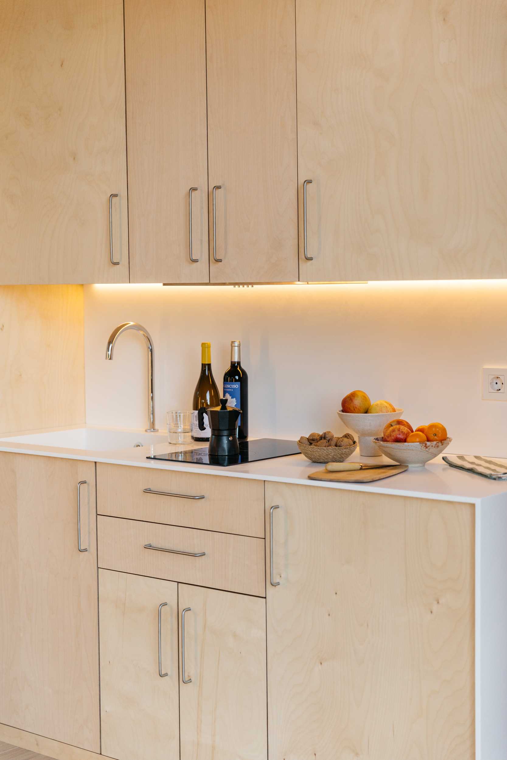 This small kitchen in a modern tiny house has birch wood cabinets and white corian countertop and sink.