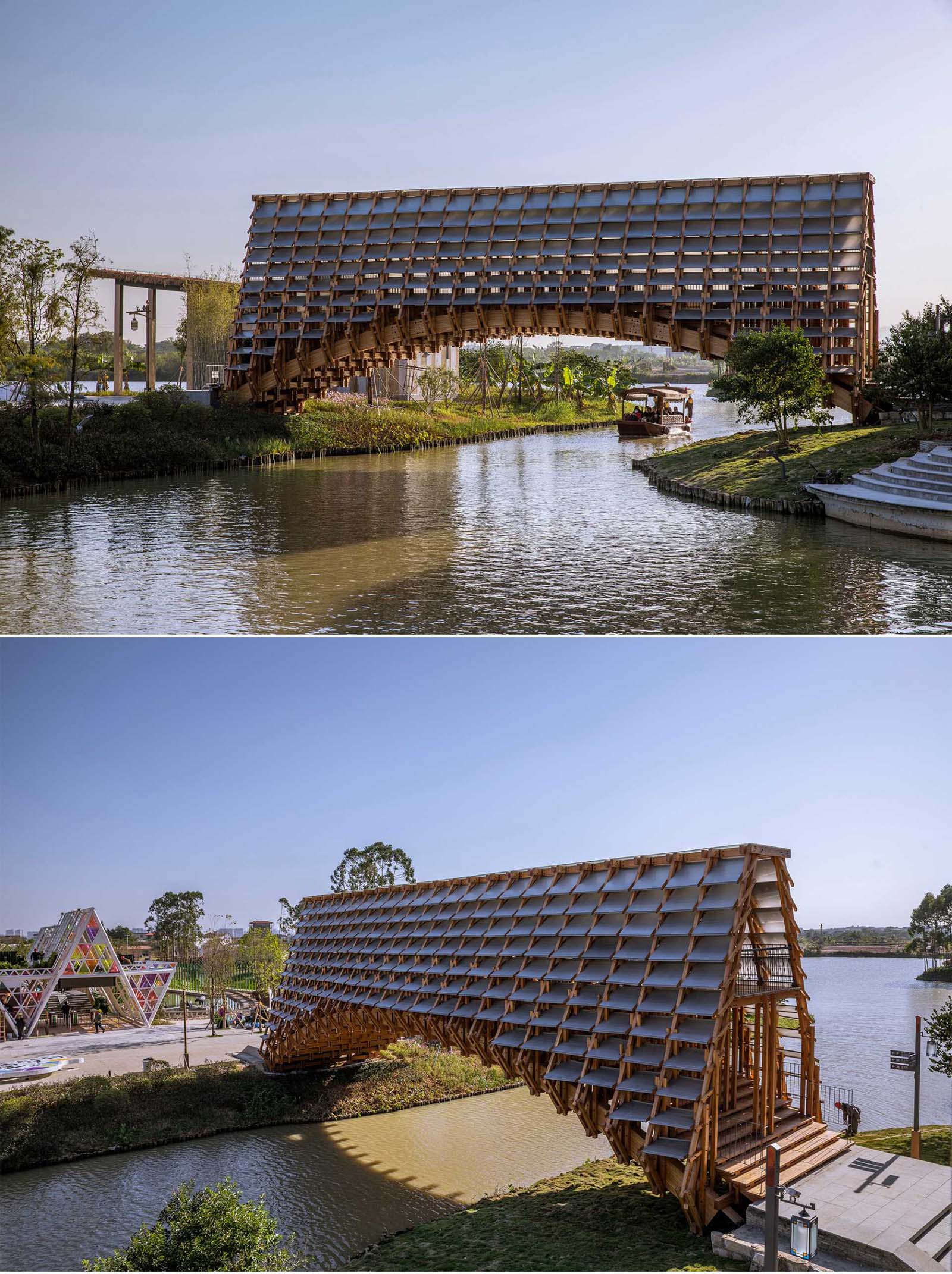 Design firm LUO studio, has recently completed a new pedestrian bridge in Jiangmen City, China, that's been built using pine wood, concrete, aluminum plate, and glass.