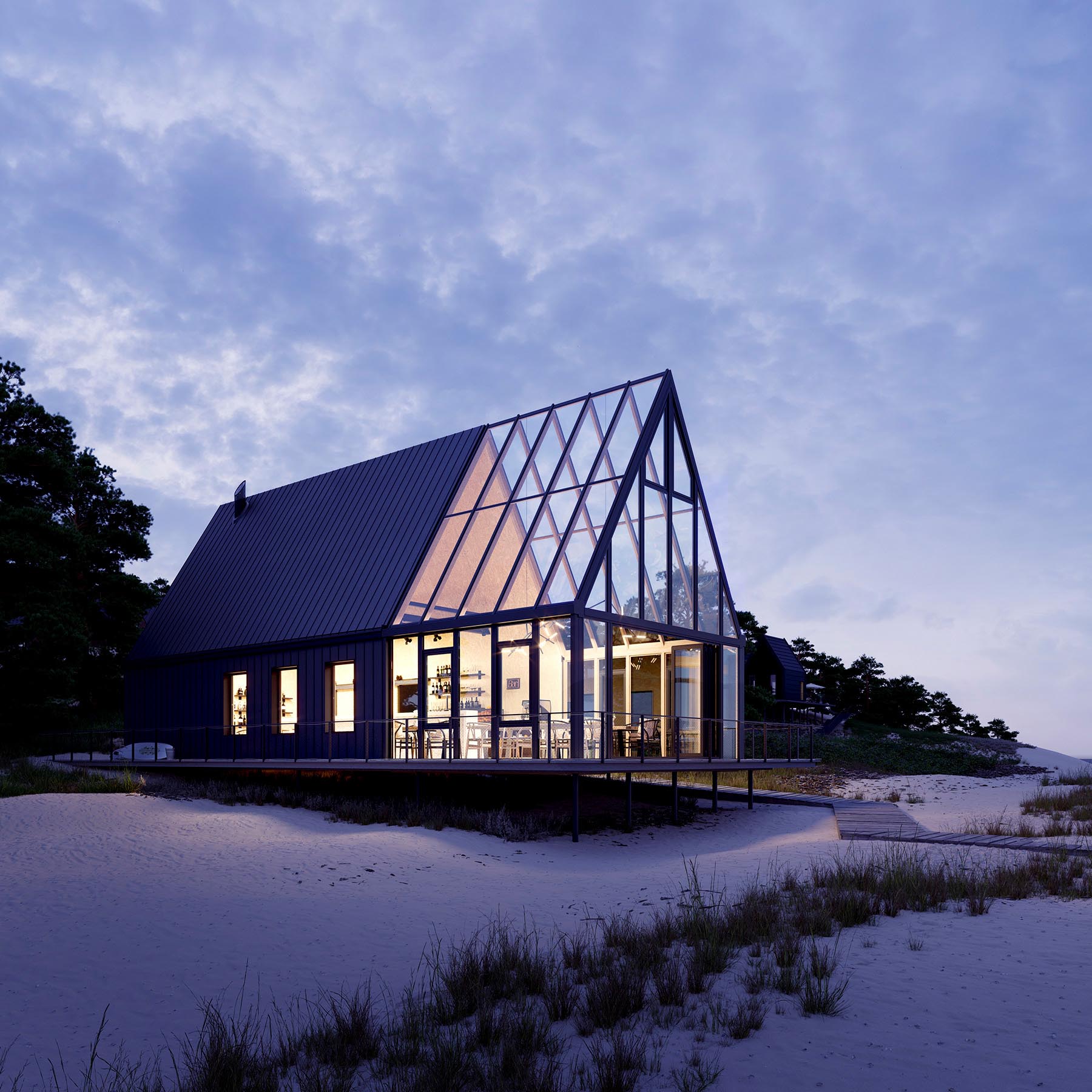 This small gastronomy facility on the Baltic beach near Gdansk with its simple form fits naturally into the beach environment. The building offers two spaces: closed and completely glazed in the form of a winter garden, which lets sunlight into the interior and completely opens the view of the sea and the beach.