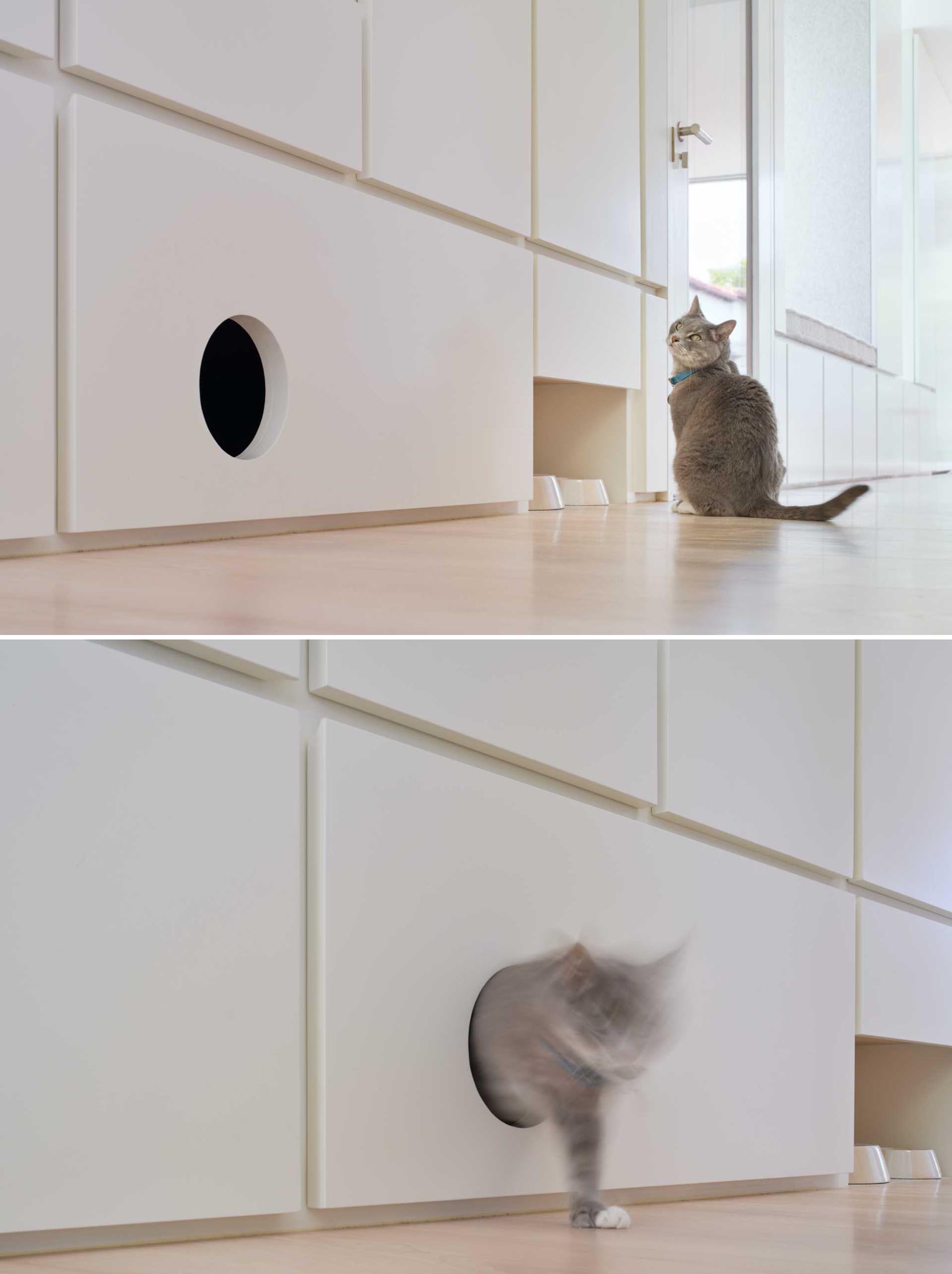 A design detail in the hallway is a small section of the cabinets dedicated to a cat's food station and built-in litterbox.