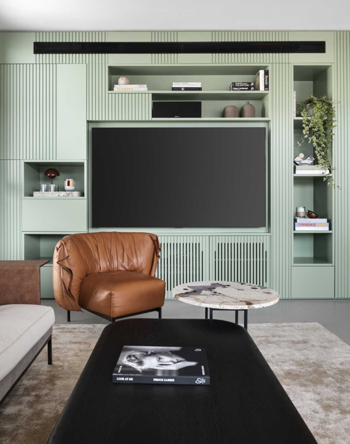 This matte light green living room accent wall includes hidden storage as well as open shelving, allowing electronics, decor, and plants to be displayed.
