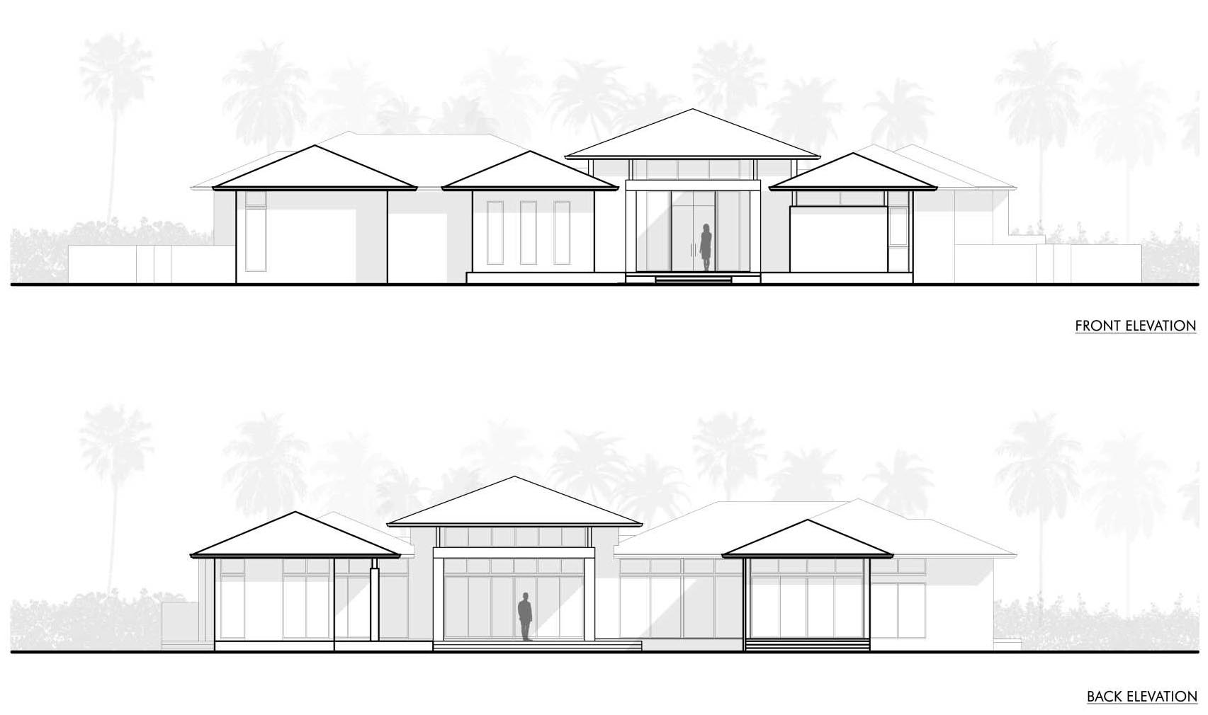 The elevations of a single-story house.