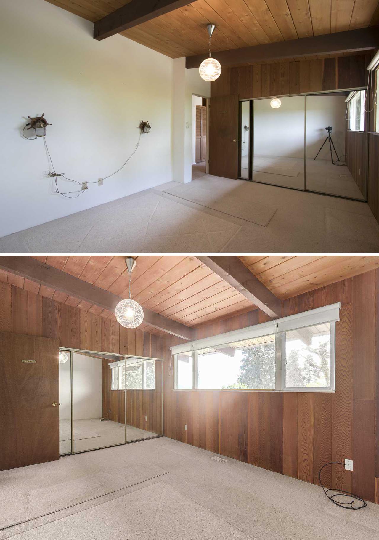 BEFORE - A mid-century modern bedroom with wood paneled walls.