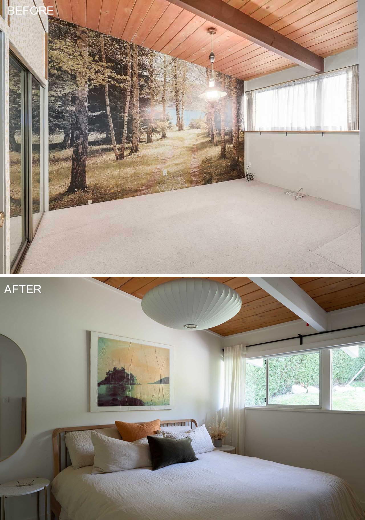 BEFORE & AFTER - This remodeled bedroom includes fresh paint and mid-century furnishings. The short curtains on the window were replaced with long curtains, and the black curtain rail adds a contrasting element to the room.