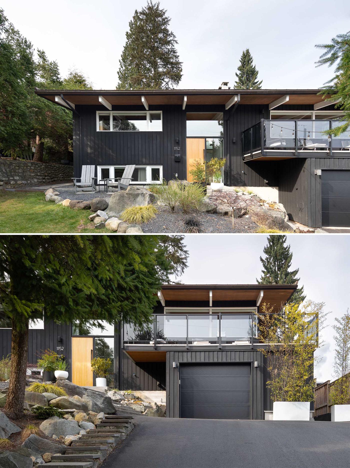 The remodeled facade of this mid-century modern home included a fresh coast of black paint, glass railings on the deck, a new wood front door, white accents, and a Granite rock garden with seating area.