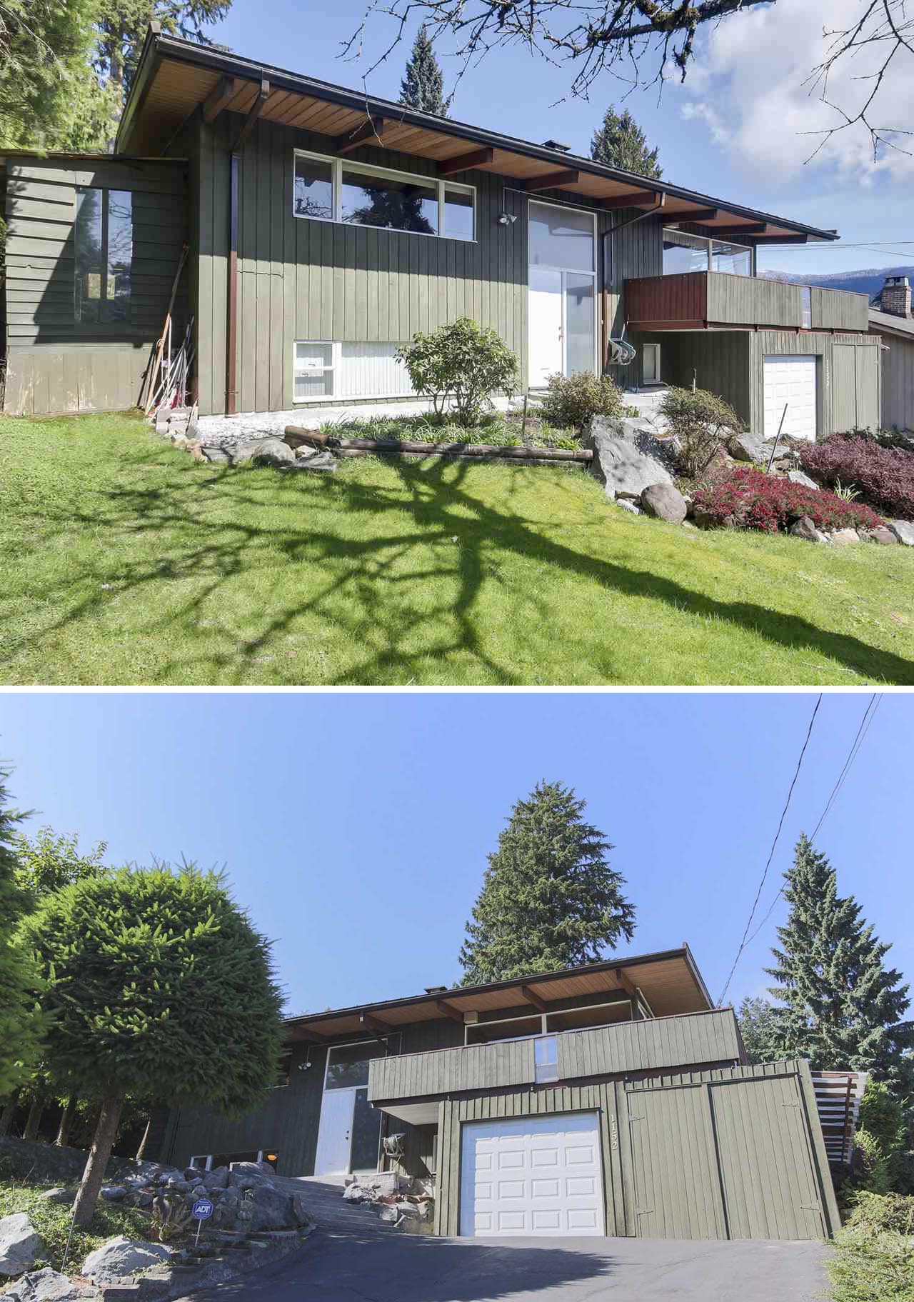 A mid-century modern house with faded green paint and white framed windows.