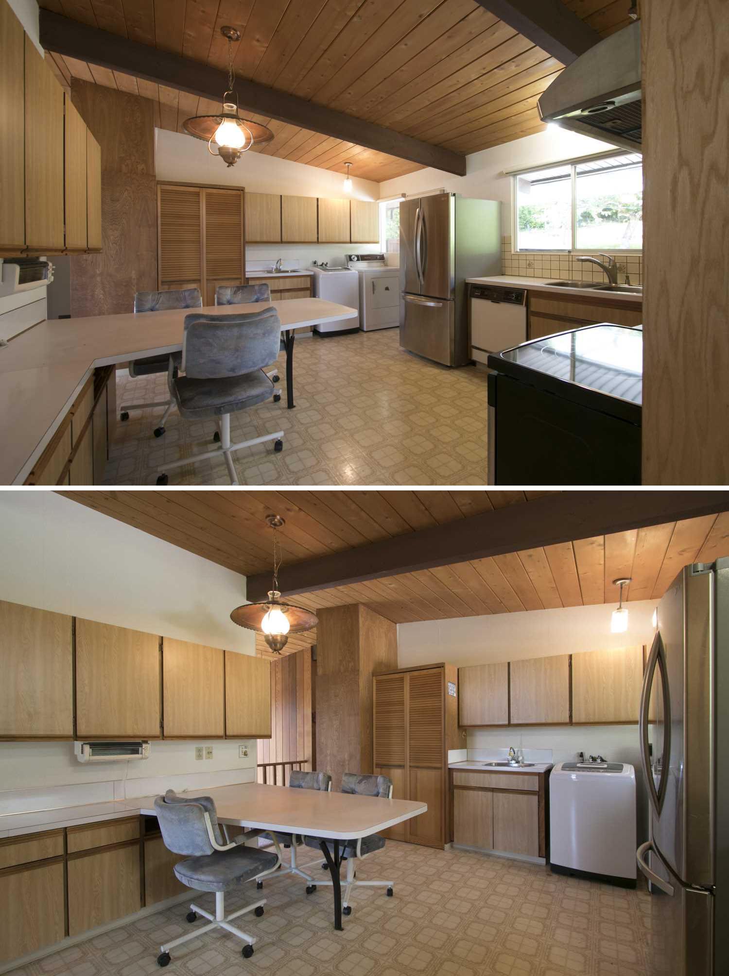 BEFORE - A dated '60s kitchen included wood front cabinets, patterned linoleum flooring, and a peninsula countertop that acted as a casual dining area. There's also mismatched appliances.